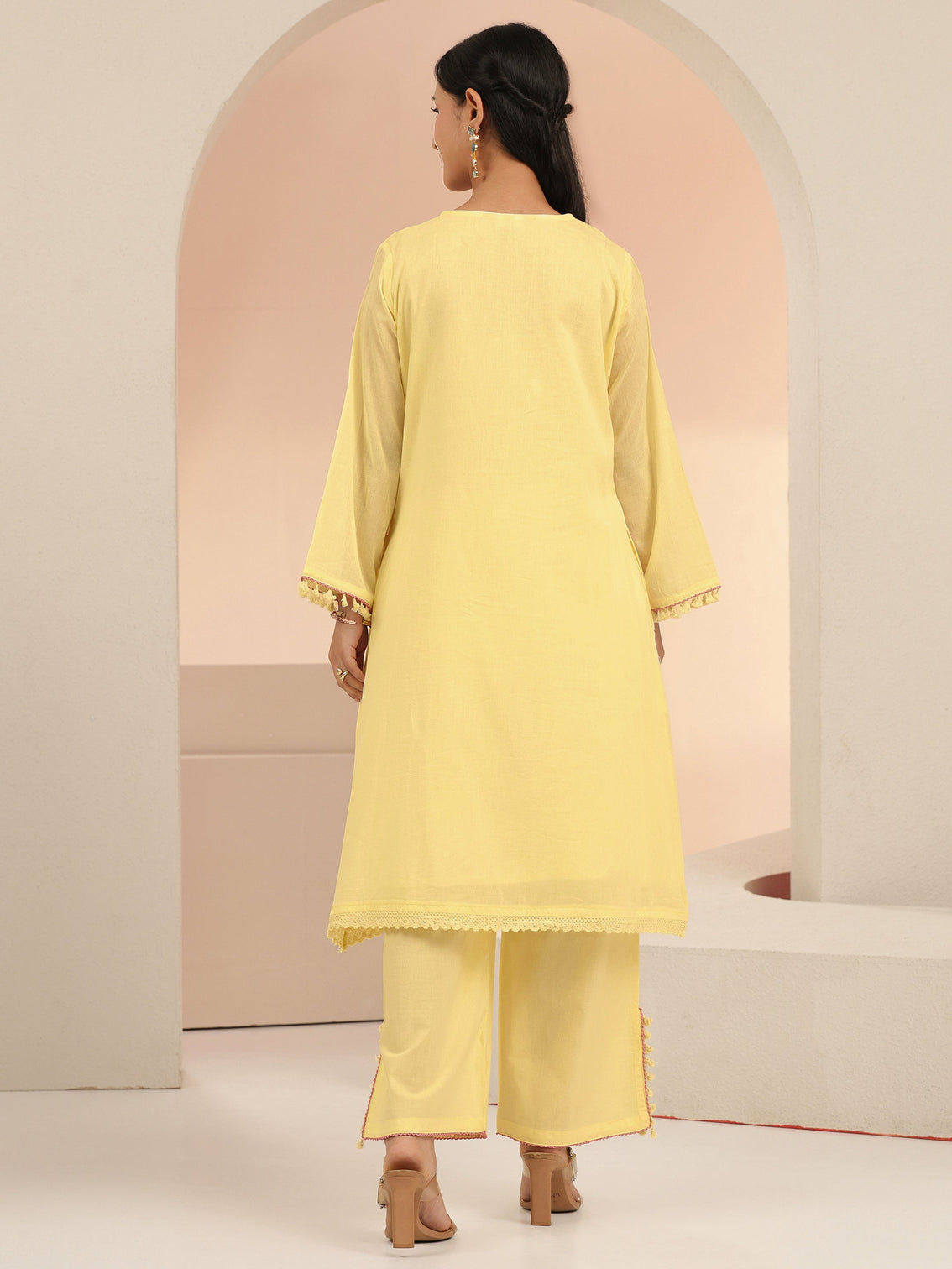 Mameraa Off White Peacock Motif Cotton A-Line Kurta Set