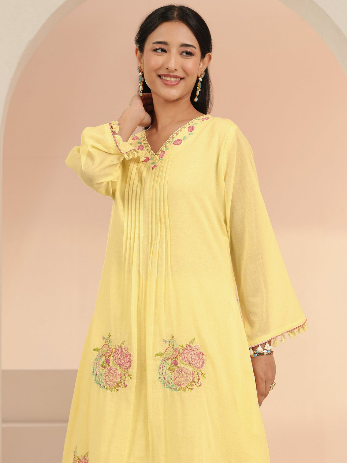 Mameraa Off White Peacock Motif Cotton A-Line Kurta Set