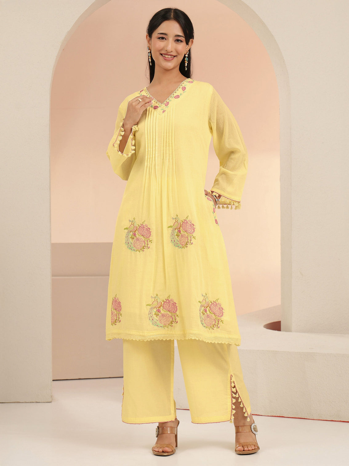 Mameraa Off White Peacock Motif Cotton A-Line Kurta Set