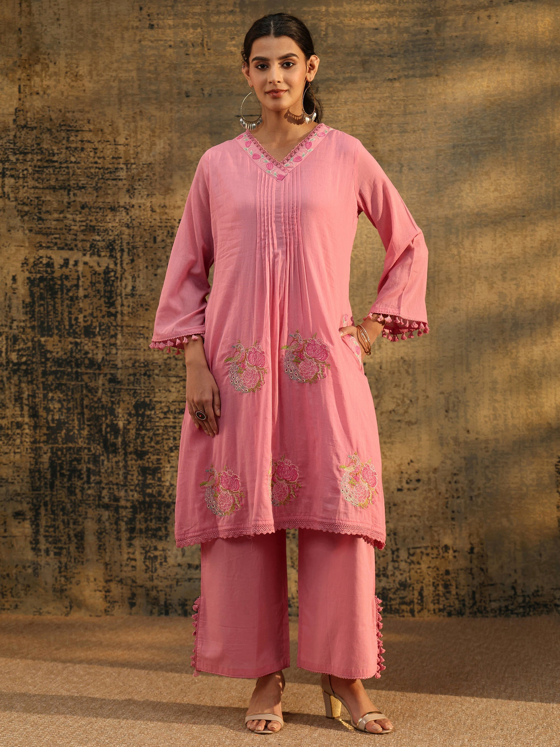 Mameraa Bubblegum Pink Floral Embroidered Cotton A line Kurta Set