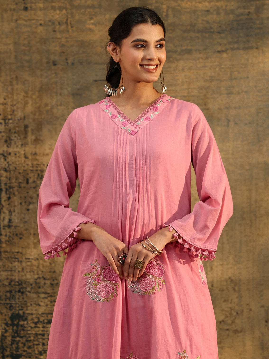 Mameraa Bubblegum Pink Floral Embroidered Cotton A line Kurta Set