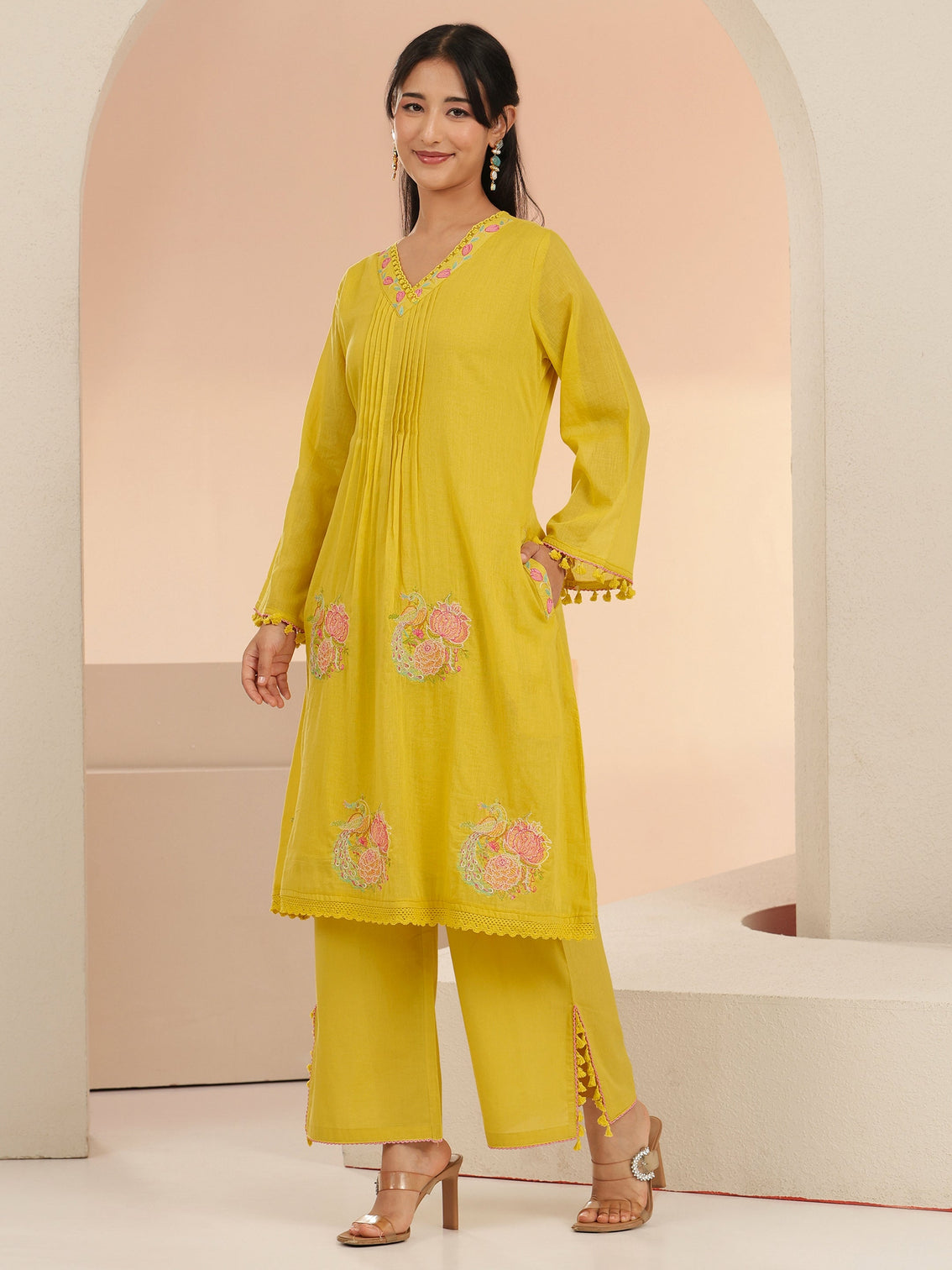Mameraa Yellow Peacock Motif Cotton A-Line Kurta Set