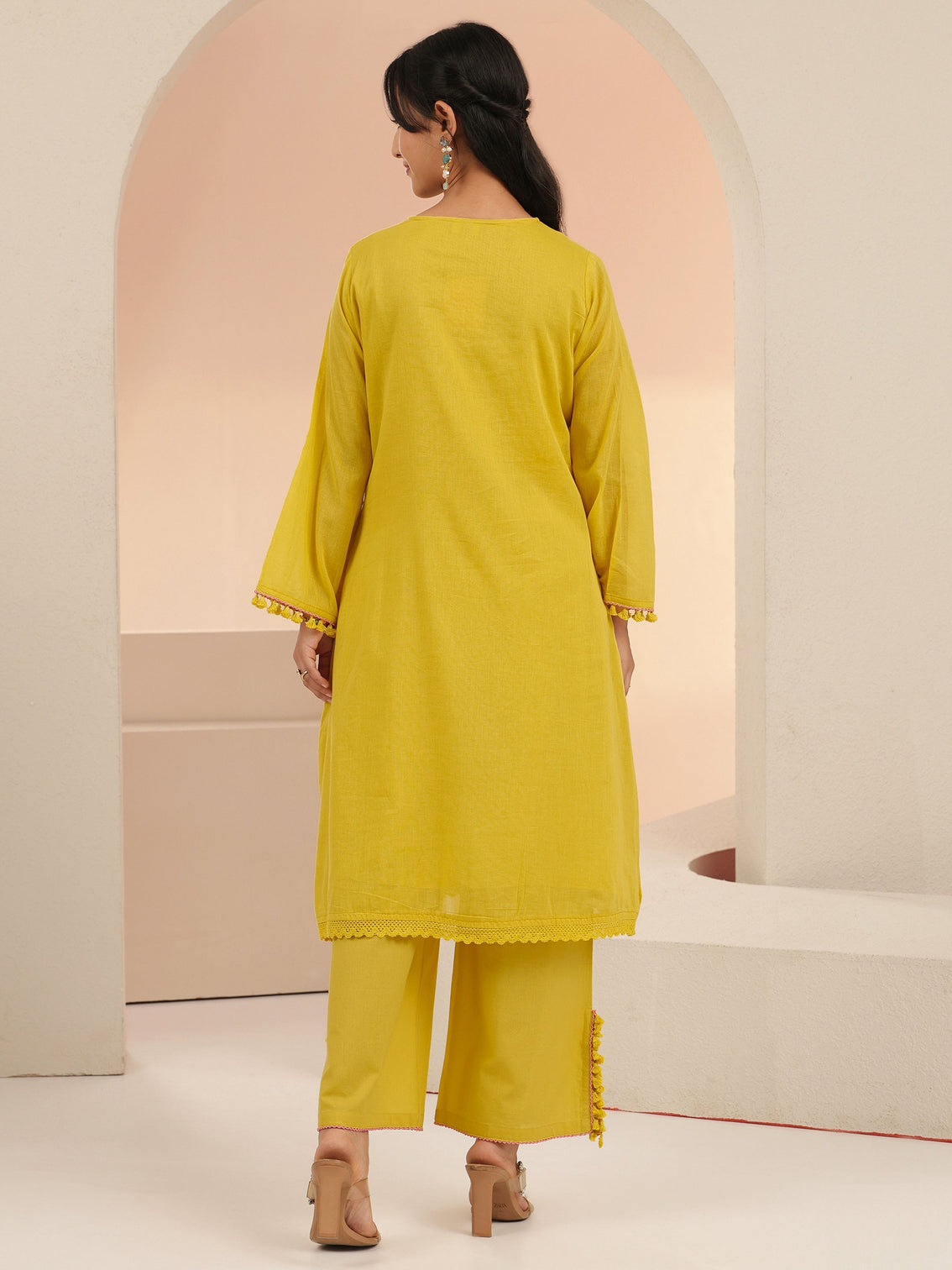 Mameraa Yellow Peacock Motif Cotton A-Line Kurta Set