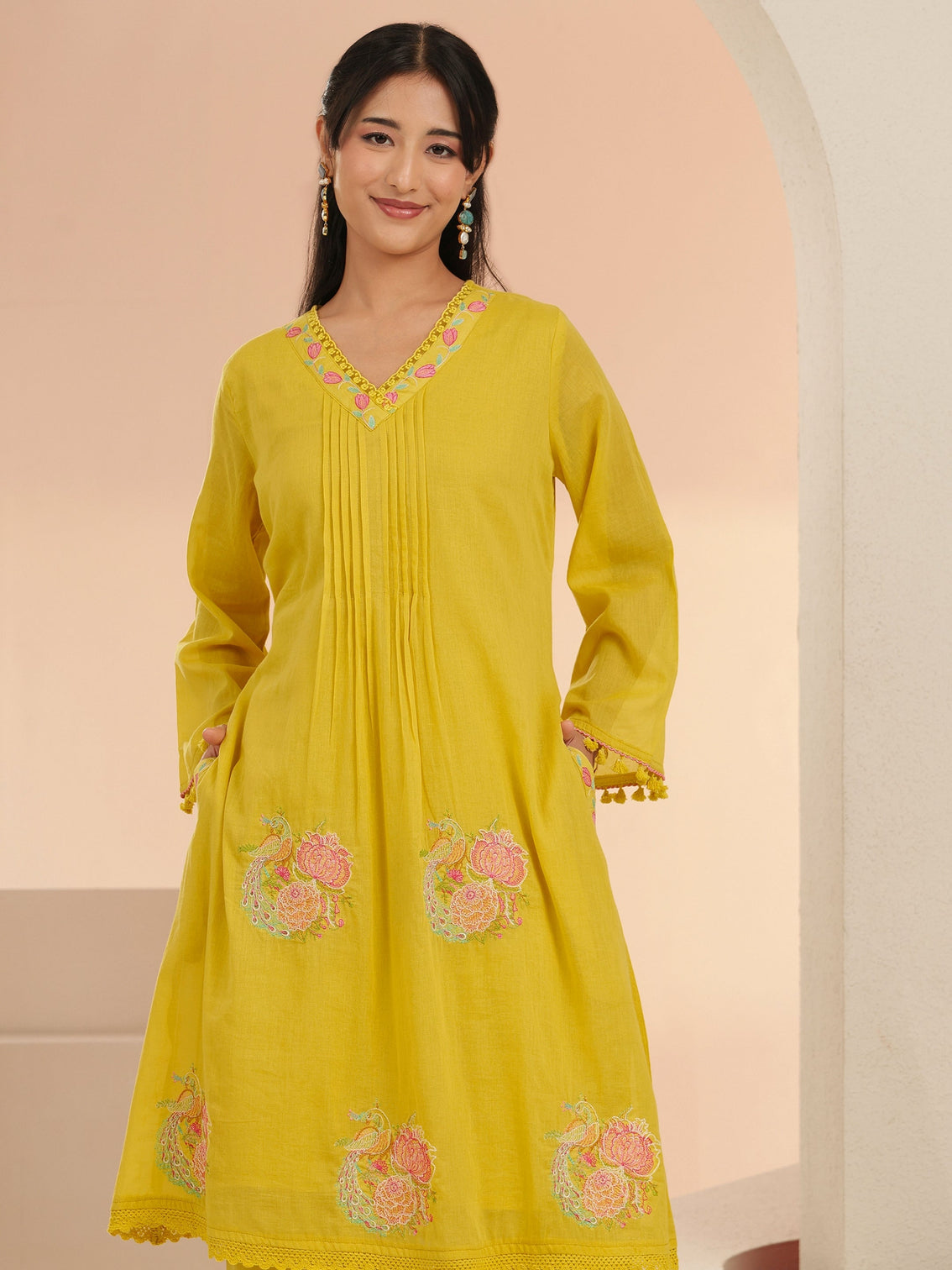 Mameraa Yellow Peacock Motif Cotton A-Line Kurta Set