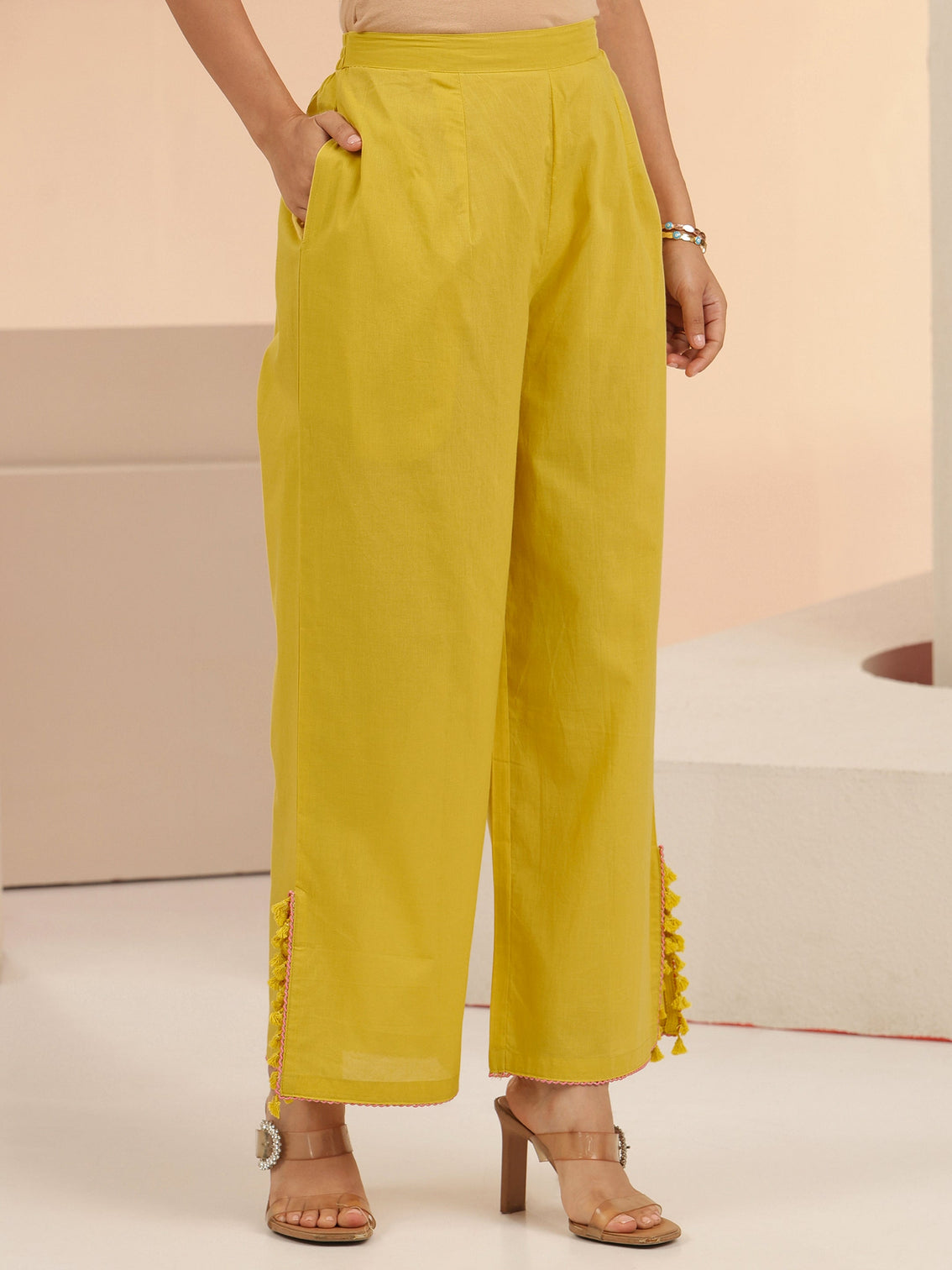 Mameraa Yellow Peacock Motif Cotton A-Line Kurta Set