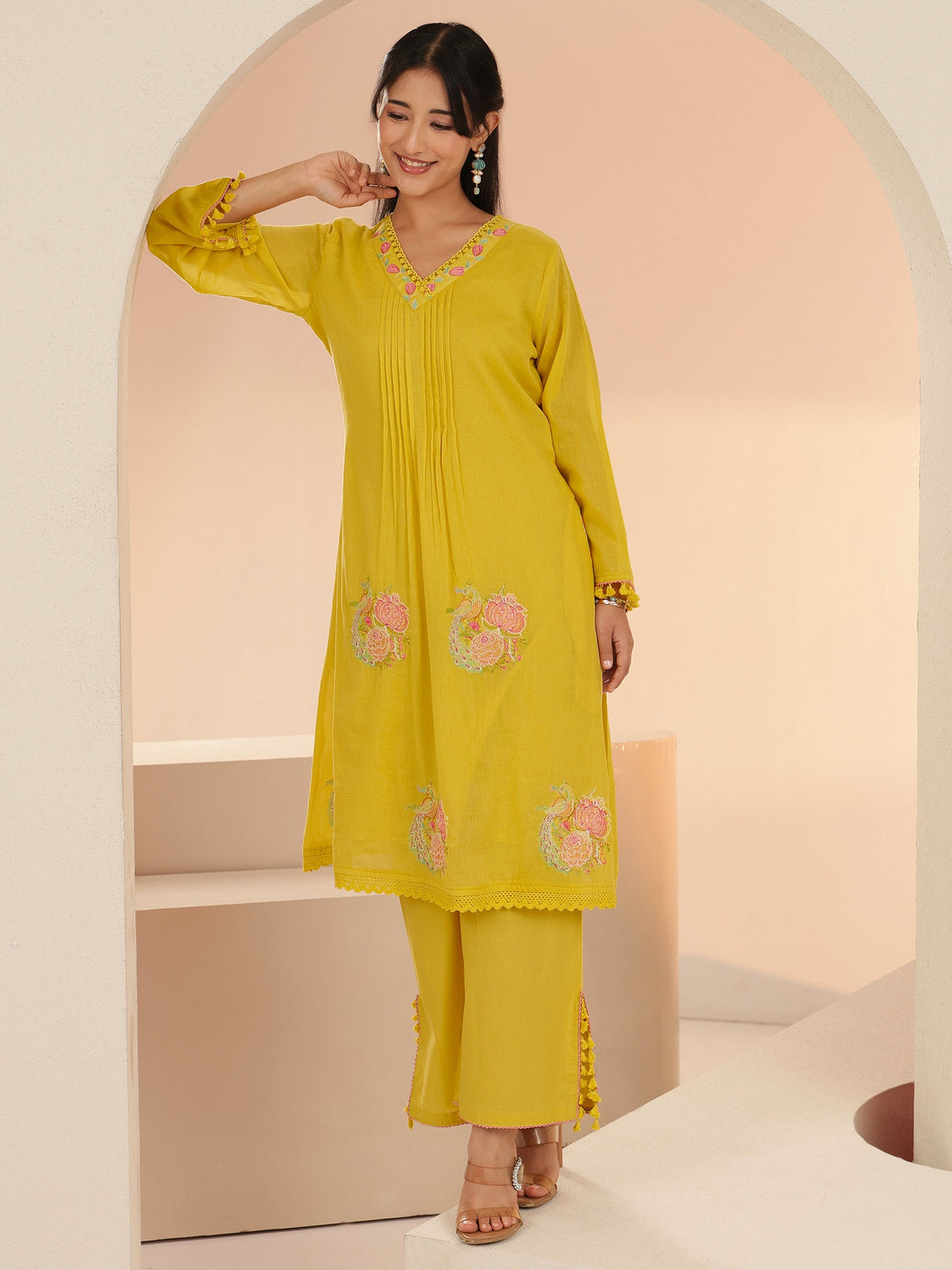 Mameraa Yellow Peacock Motif Cotton A-Line Kurta Set