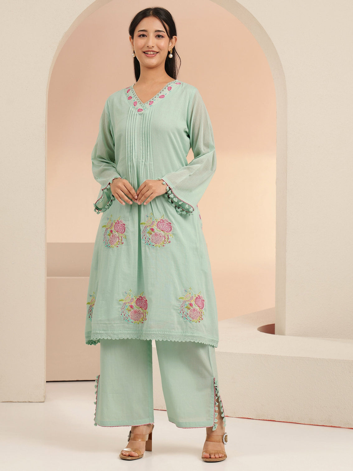Mameraa Mint Green Peacock Motif Cotton A-Line Kurta Set