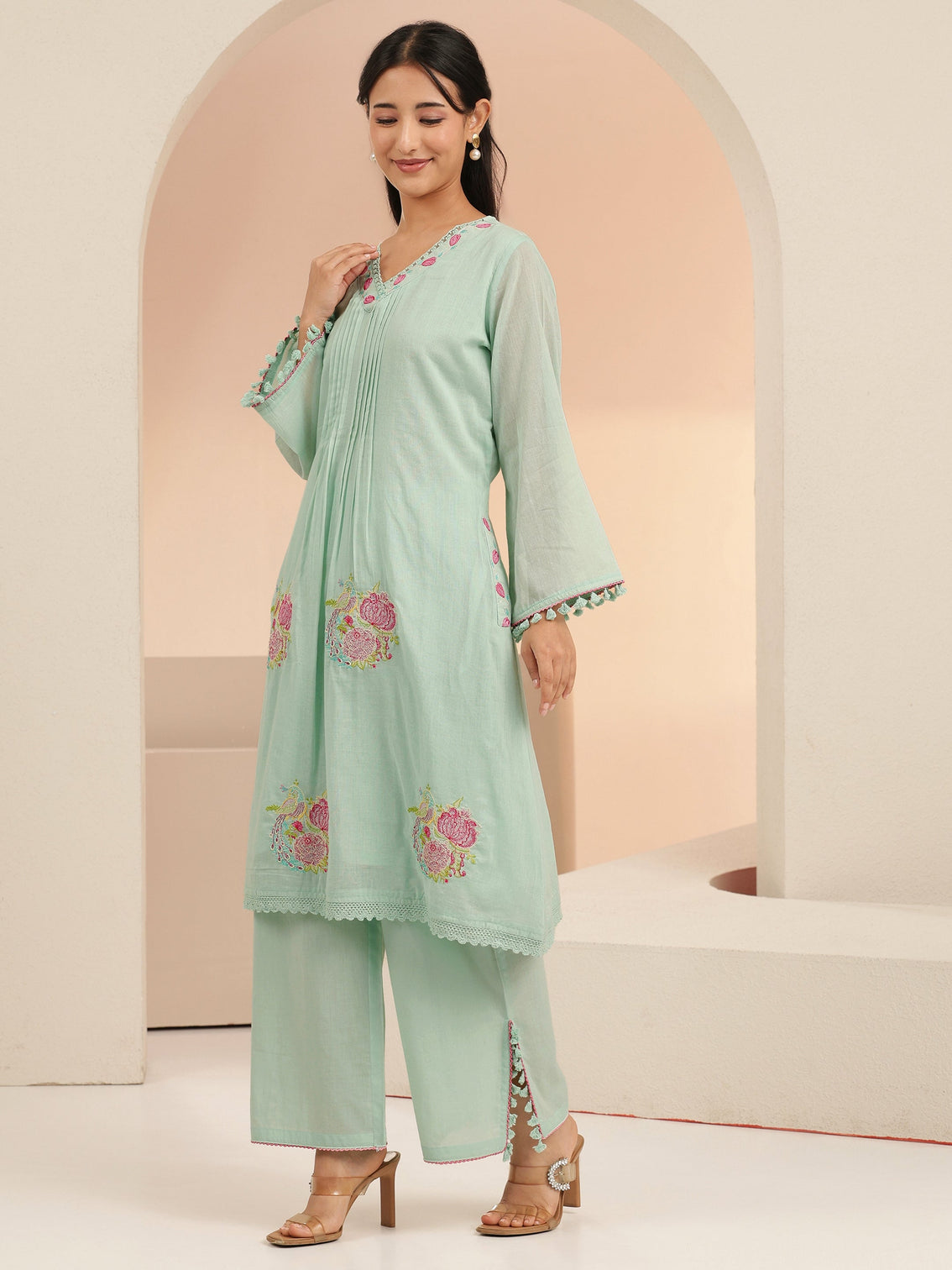 Mameraa Mint Green Peacock Motif Cotton A-Line Kurta Set