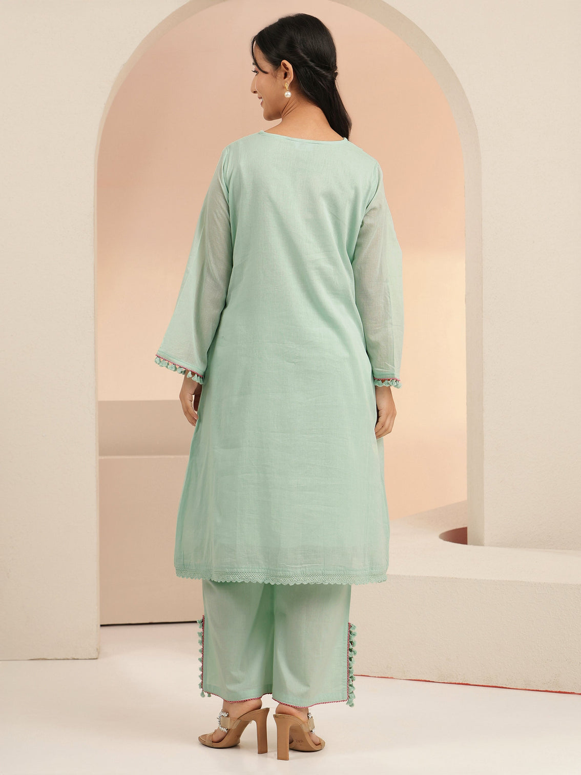 Mameraa Mint Green Peacock Motif Cotton A-Line Kurta Set