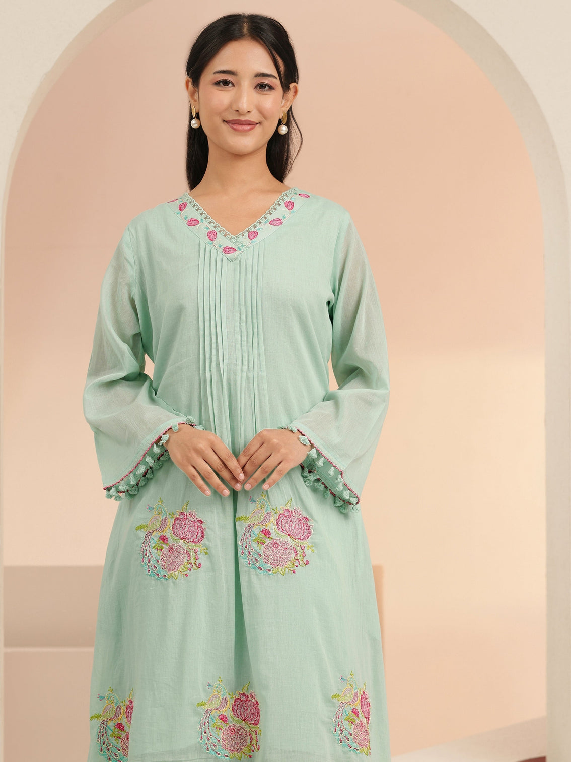 Mameraa Mint Green Peacock Motif Cotton A-Line Kurta Set