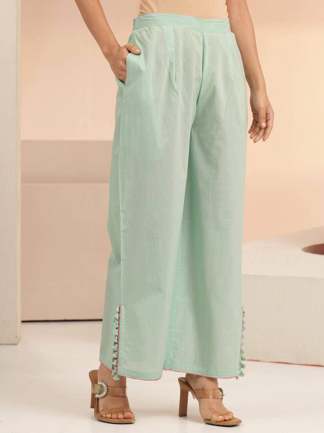 Mameraa Mint Green Peacock Motif Cotton A-Line Kurta Set