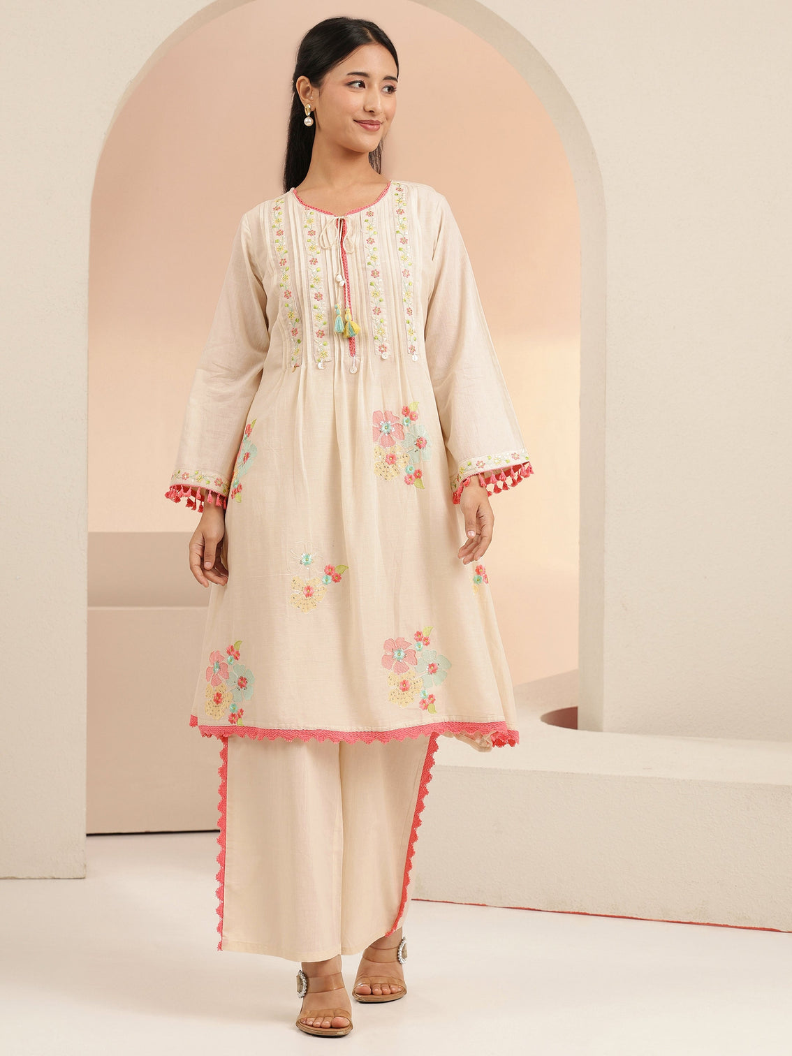Mameraa Off White Floral Embroidered Cotton A-Line Kurta Set