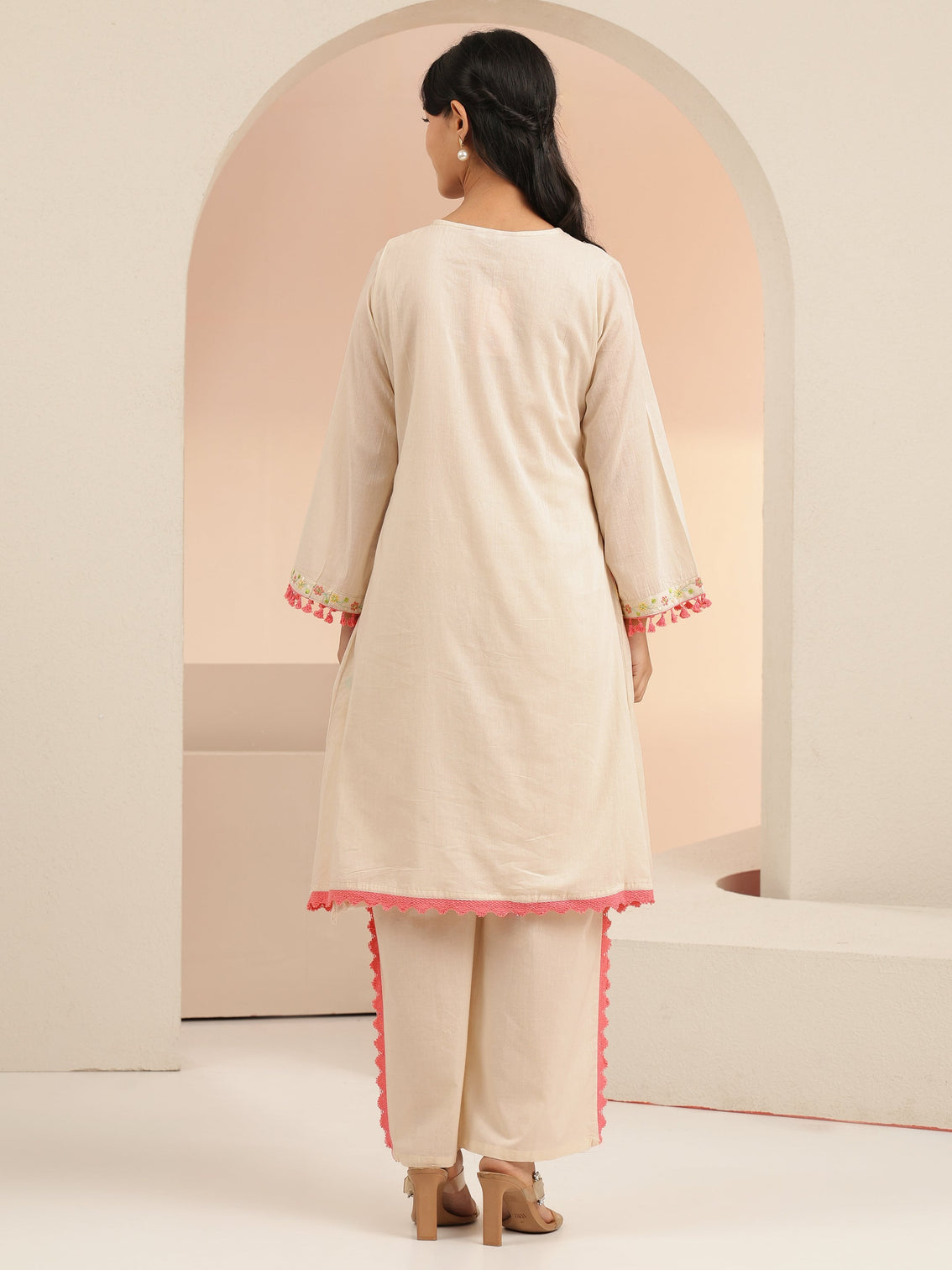 Mameraa Off White Floral Embroidered Cotton A-Line Kurta Set
