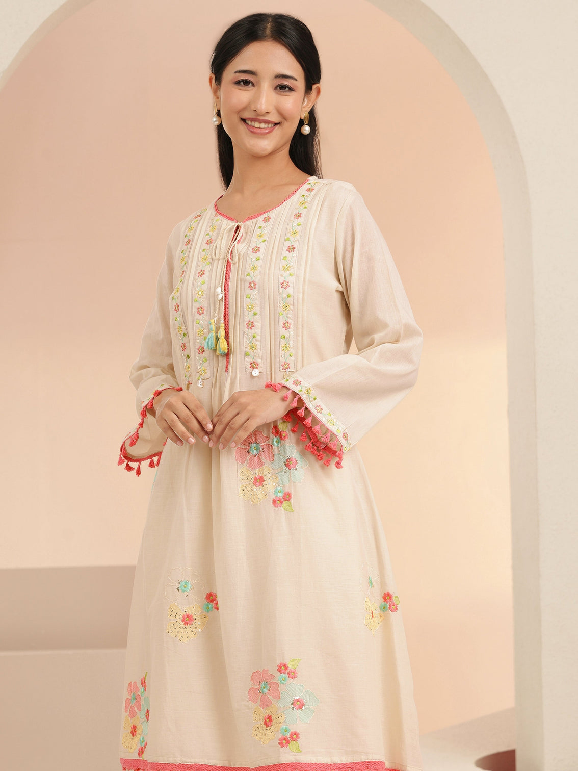 Mameraa Off White Floral Embroidered Cotton A-Line Kurta Set