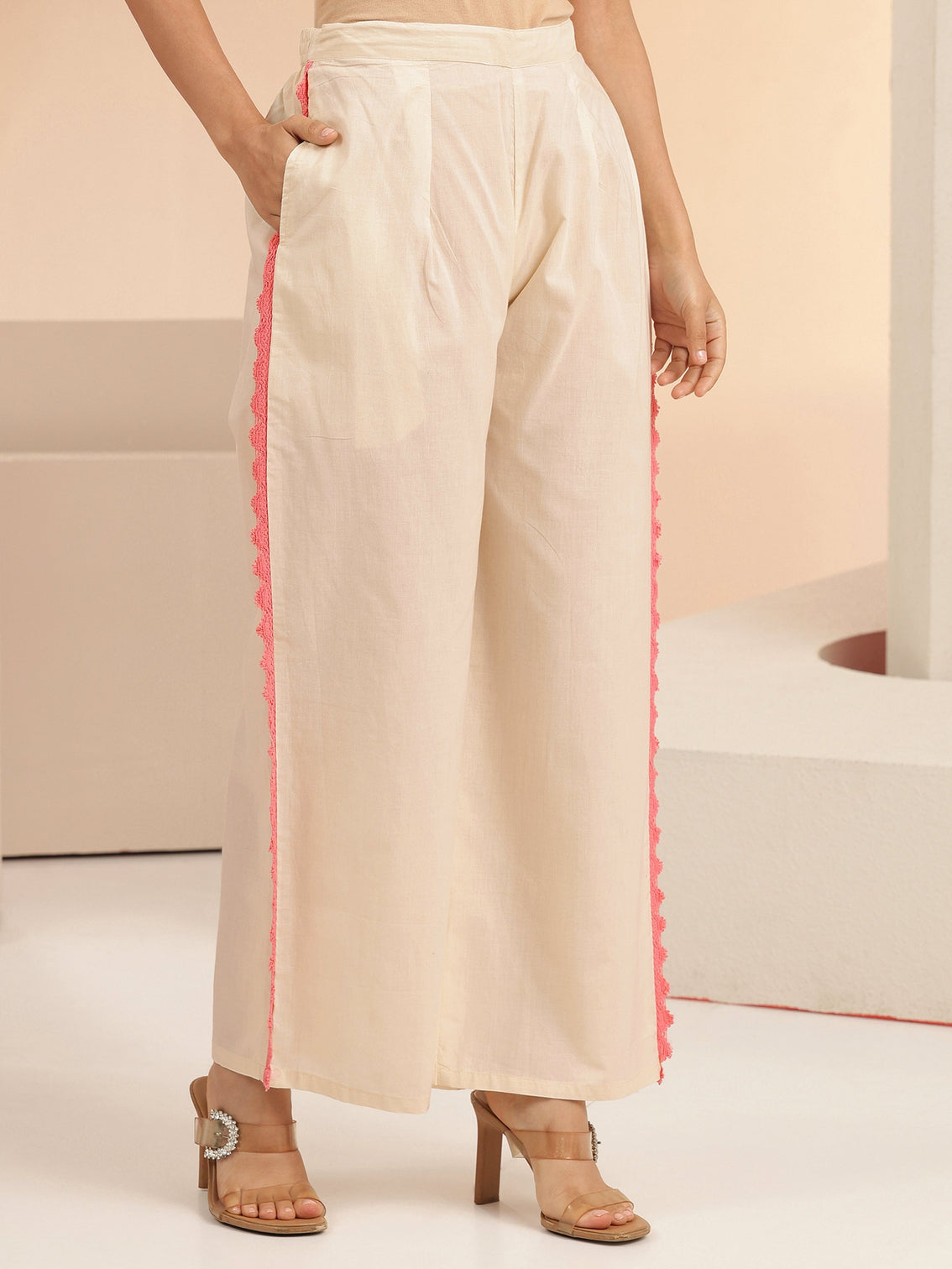 Mameraa Off White Floral Embroidered Cotton A-Line Kurta Set
