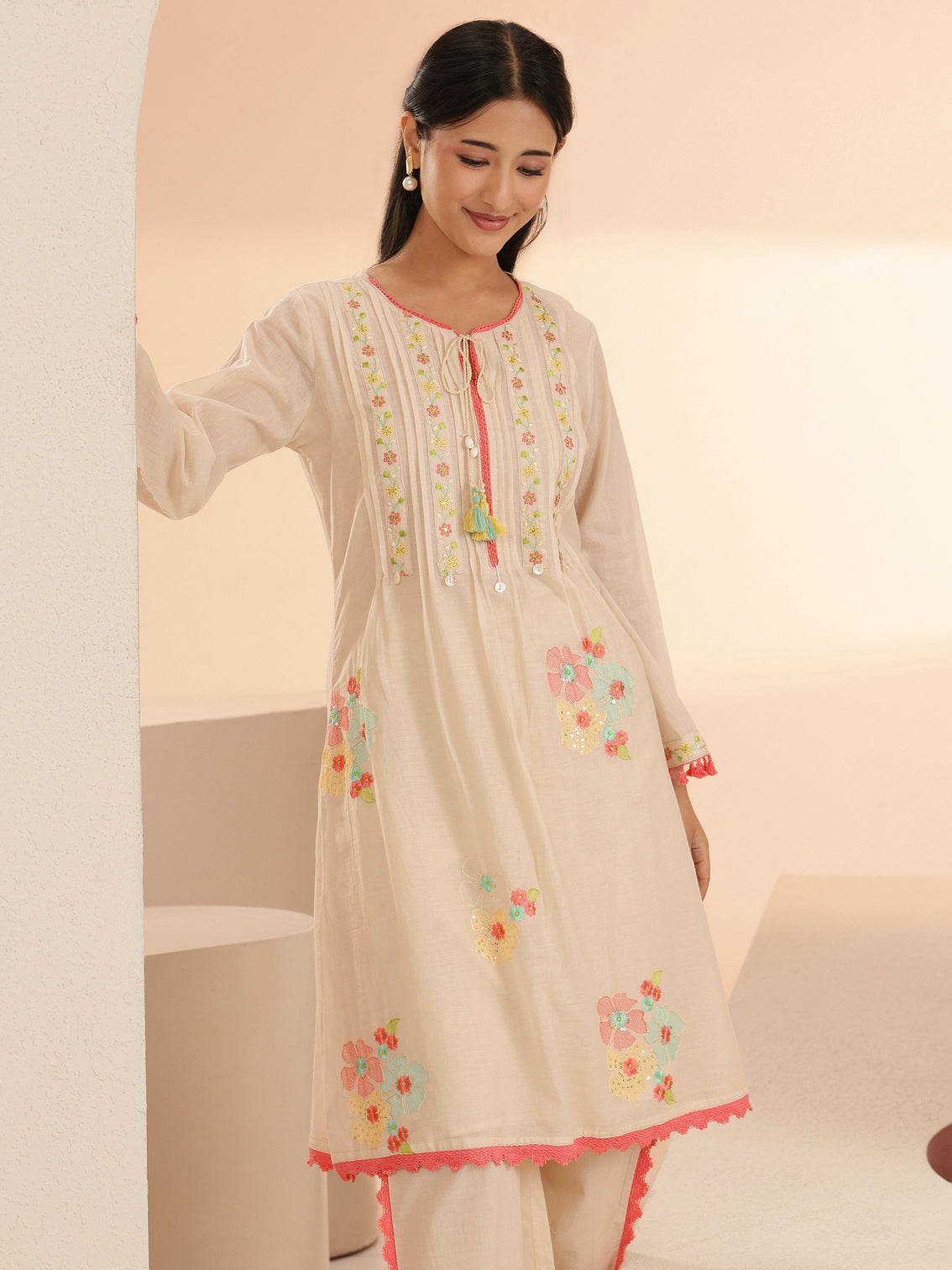Mameraa Off White Floral Embroidered Cotton A-Line Kurta Set
