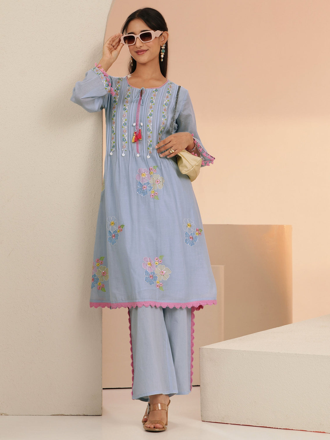 Mameraa Periwinkle Blue Floral Embroidered Cotton A-Line Kurta Set