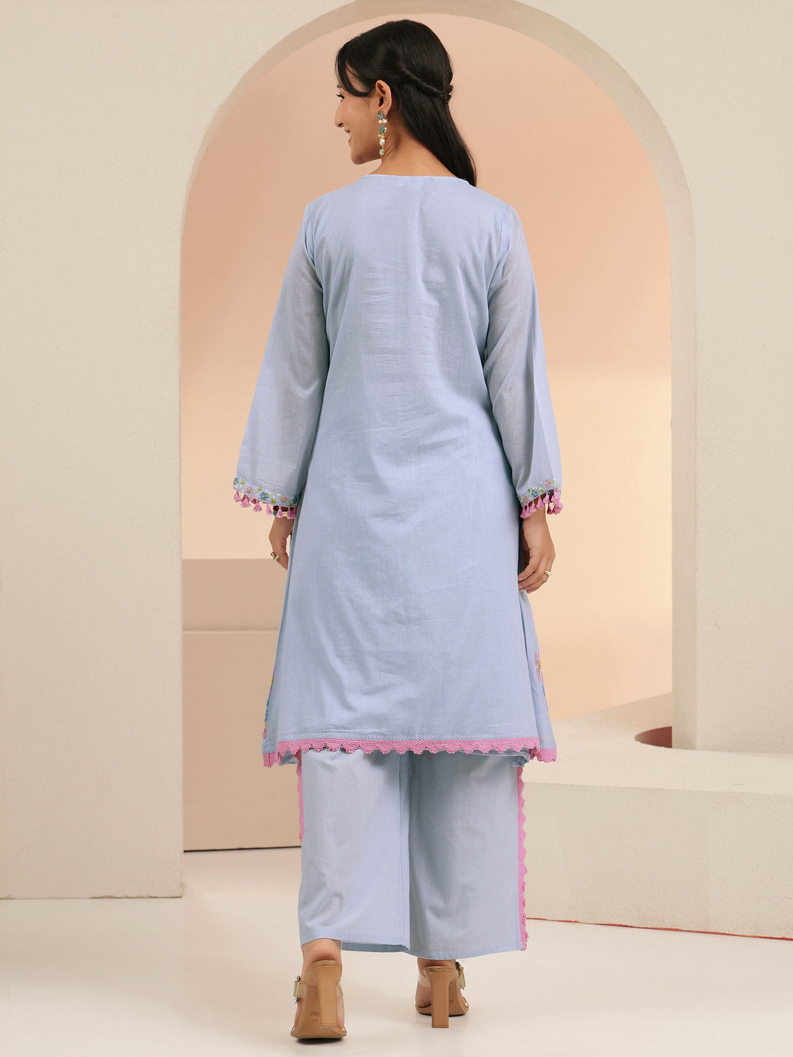 Mameraa Periwinkle Blue Floral Embroidered Cotton A-Line Kurta Set