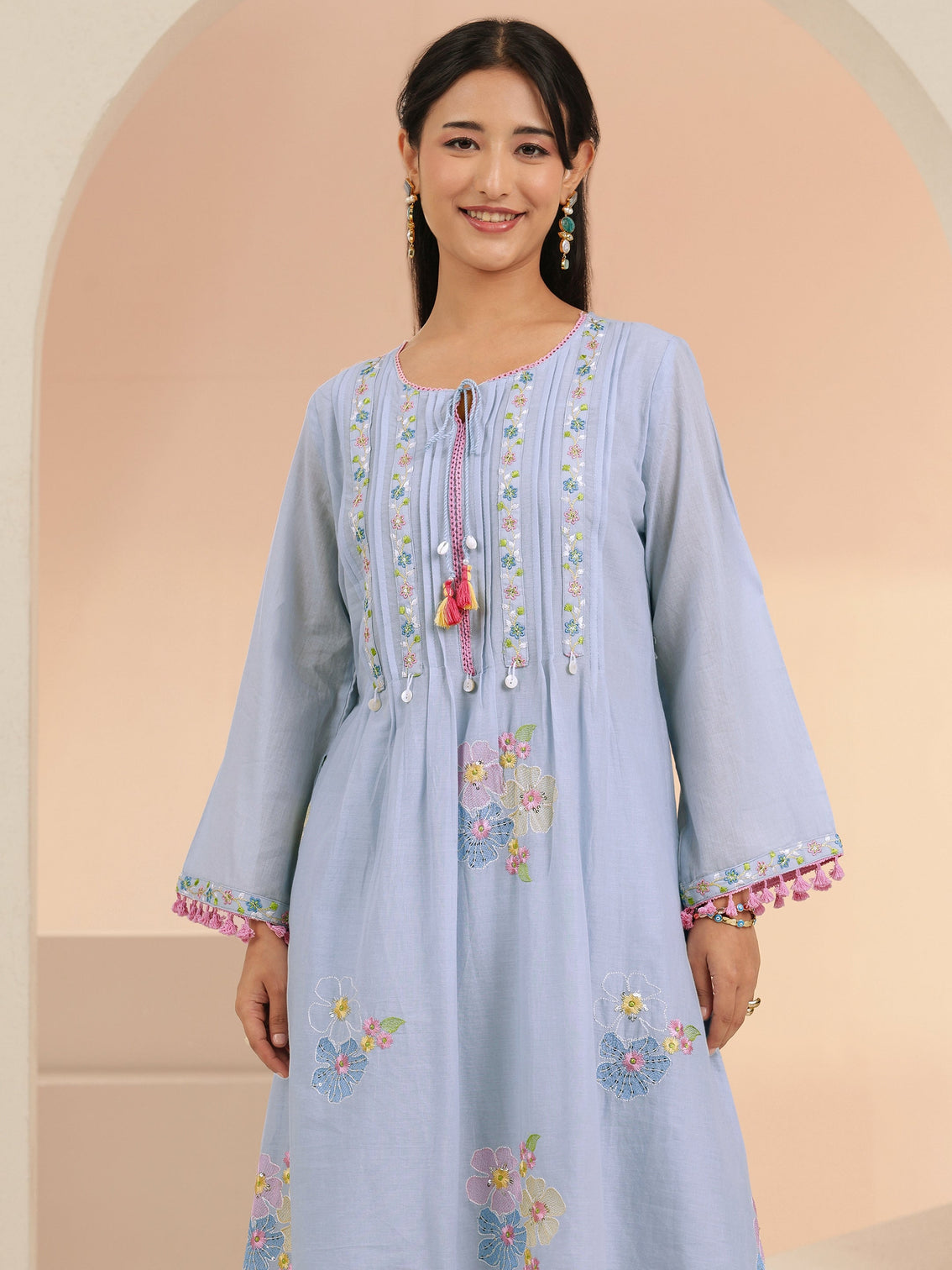 Mameraa Periwinkle Blue Floral Embroidered Cotton A-Line Kurta Set