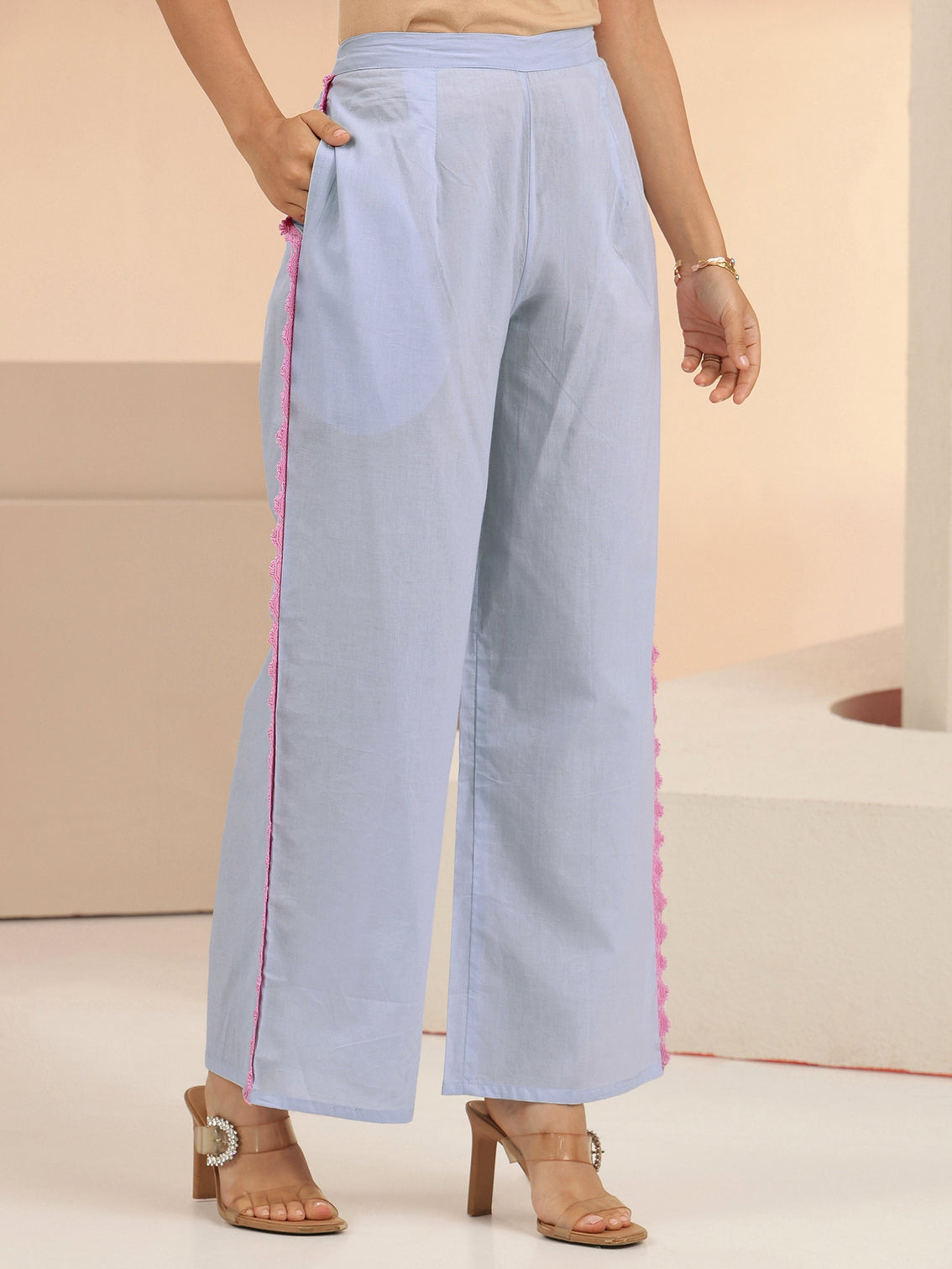 Mameraa Periwinkle Blue Floral Embroidered Cotton A-Line Kurta Set