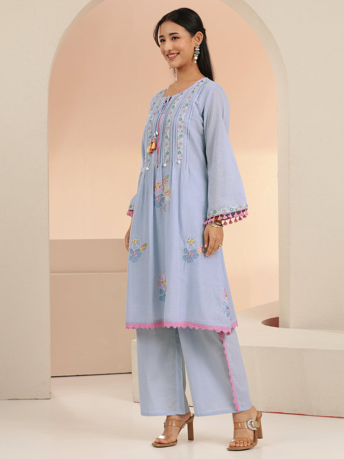 Mameraa Periwinkle Blue Floral Embroidered Cotton A-Line Kurta Set