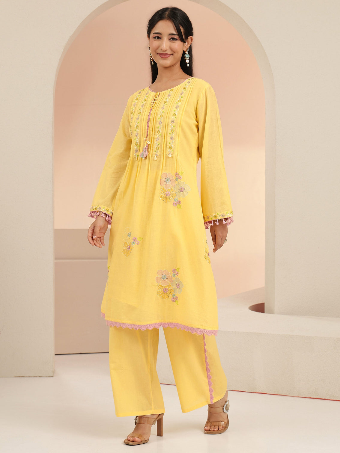 Mameraa Daffodil Yellow Floral Embroidered Cotton A-Line Kurta Set