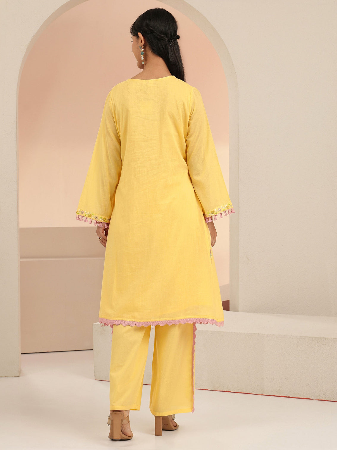 Mameraa Daffodil Yellow Floral Embroidered Cotton A-Line Kurta Set