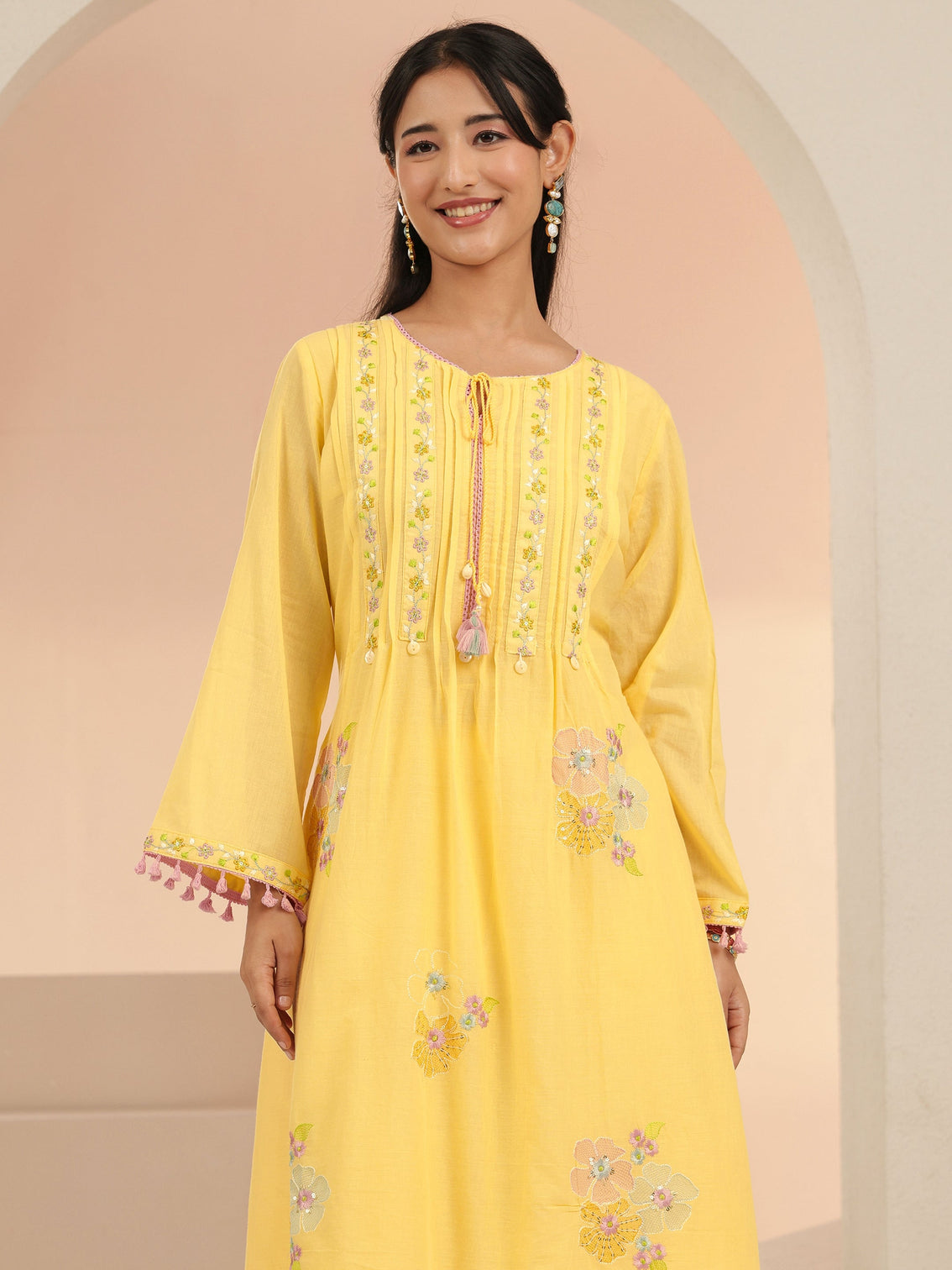 Mameraa Daffodil Yellow Floral Embroidered Cotton A-Line Kurta Set