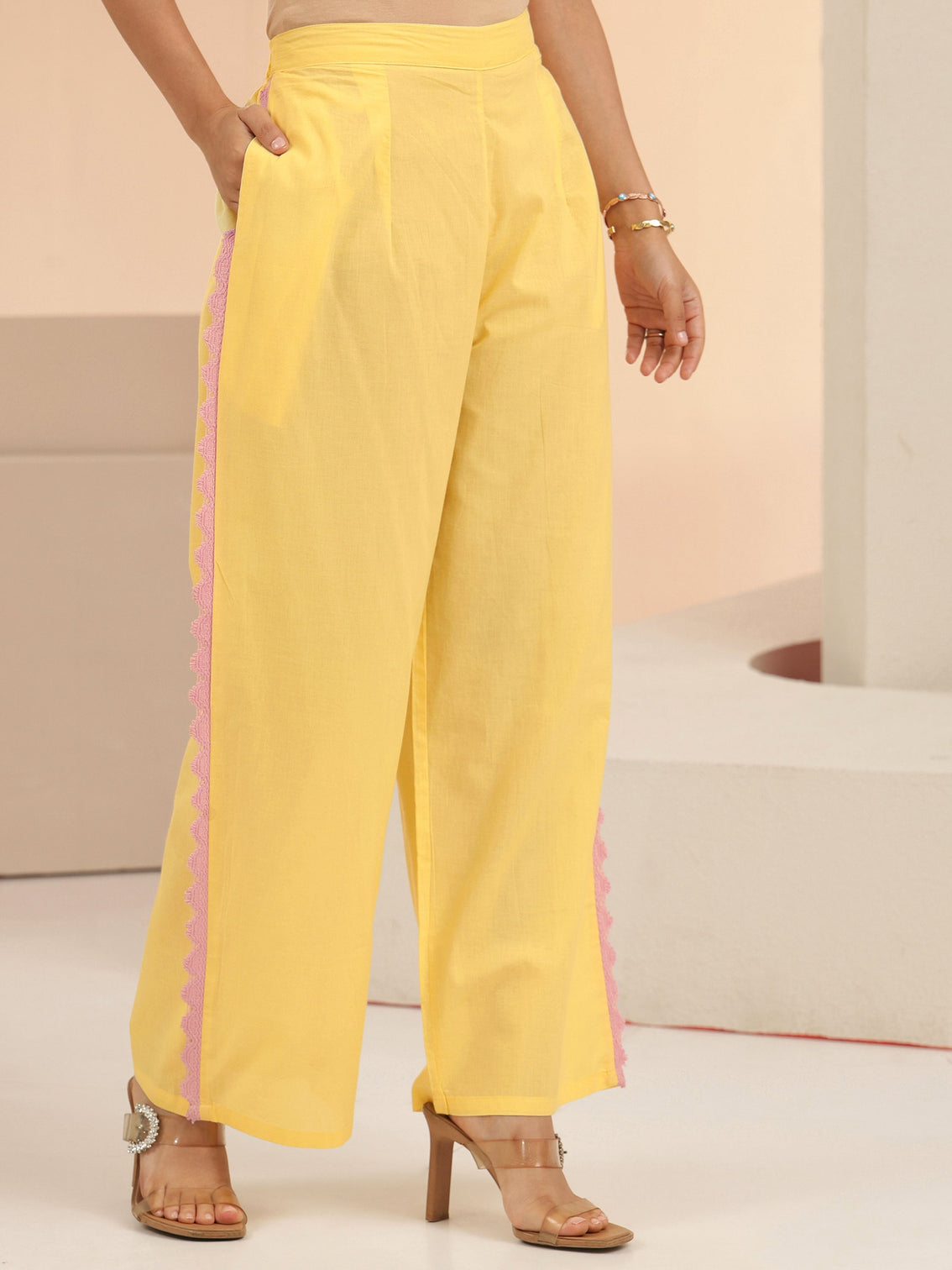 Mameraa Daffodil Yellow Floral Embroidered Cotton A-Line Kurta Set