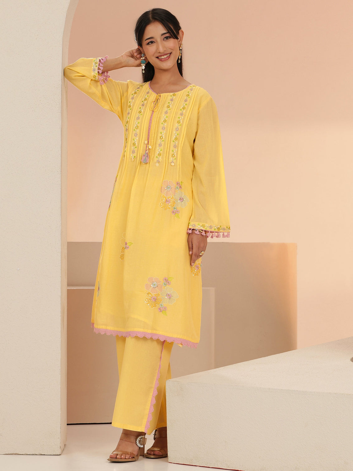 Mameraa Daffodil Yellow Floral Embroidered Cotton A-Line Kurta Set