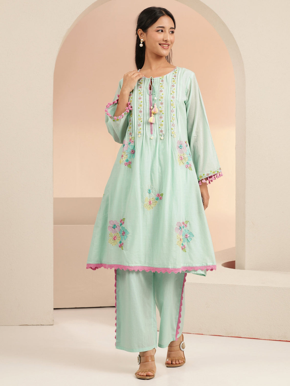 Mameraa Ocean Blue Floral Embroidered Cotton A-Line Kurta Set