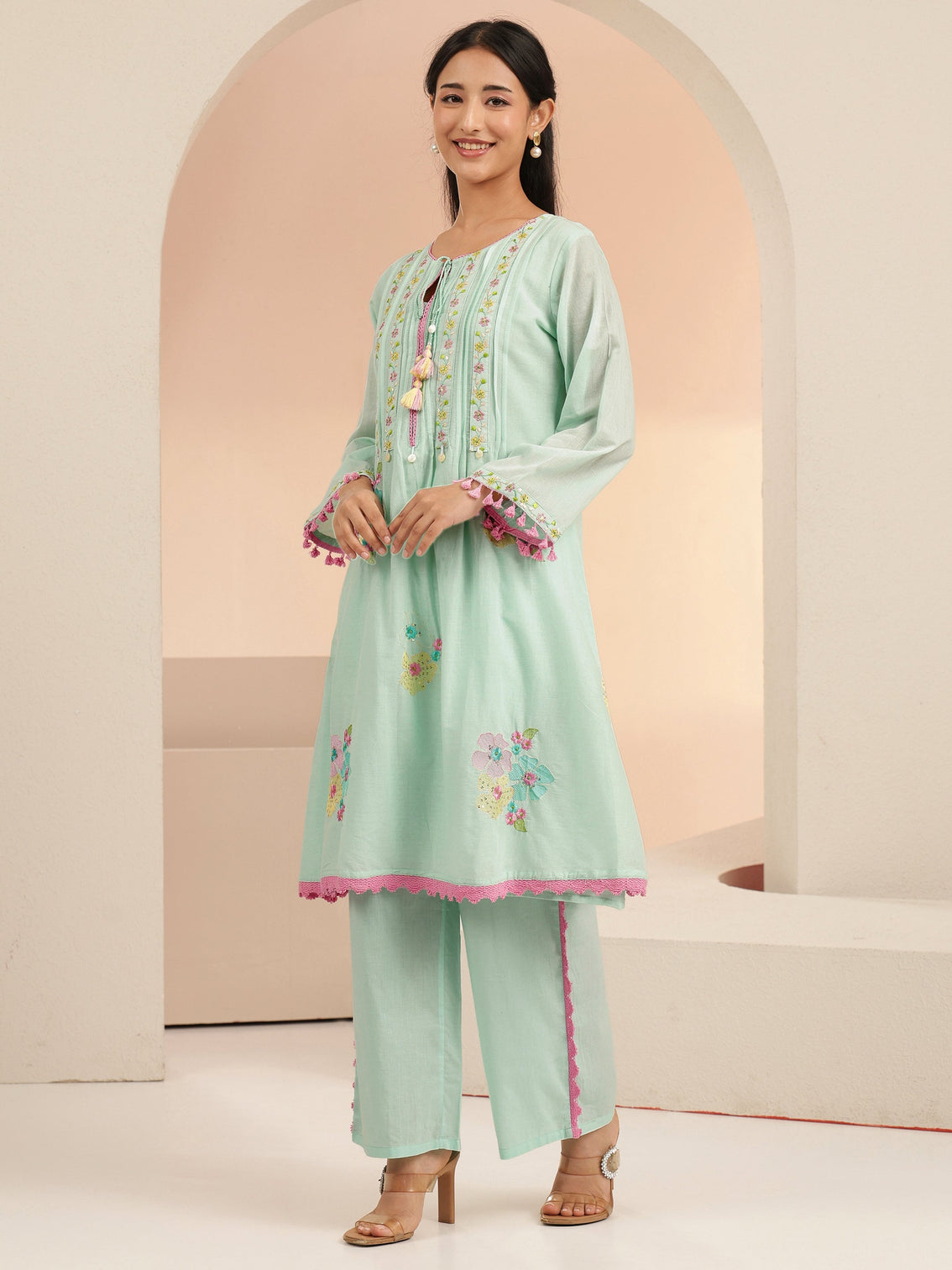 Mameraa Ocean Blue Floral Embroidered Cotton A-Line Kurta Set