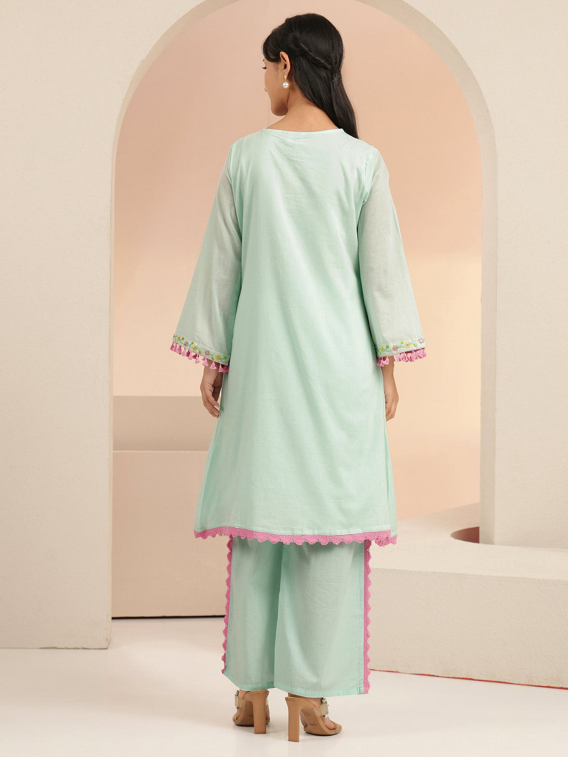 Mameraa Ocean Blue Floral Embroidered Cotton A-Line Kurta Set