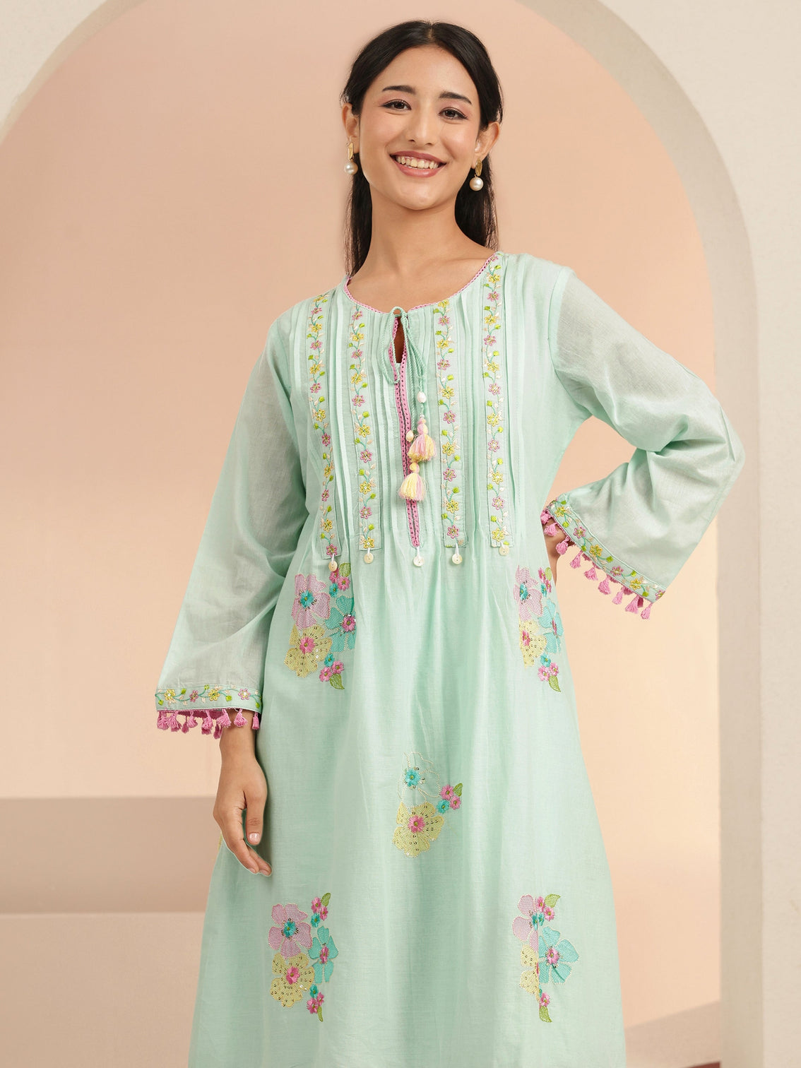 Mameraa Ocean Blue Floral Embroidered Cotton A-Line Kurta Set