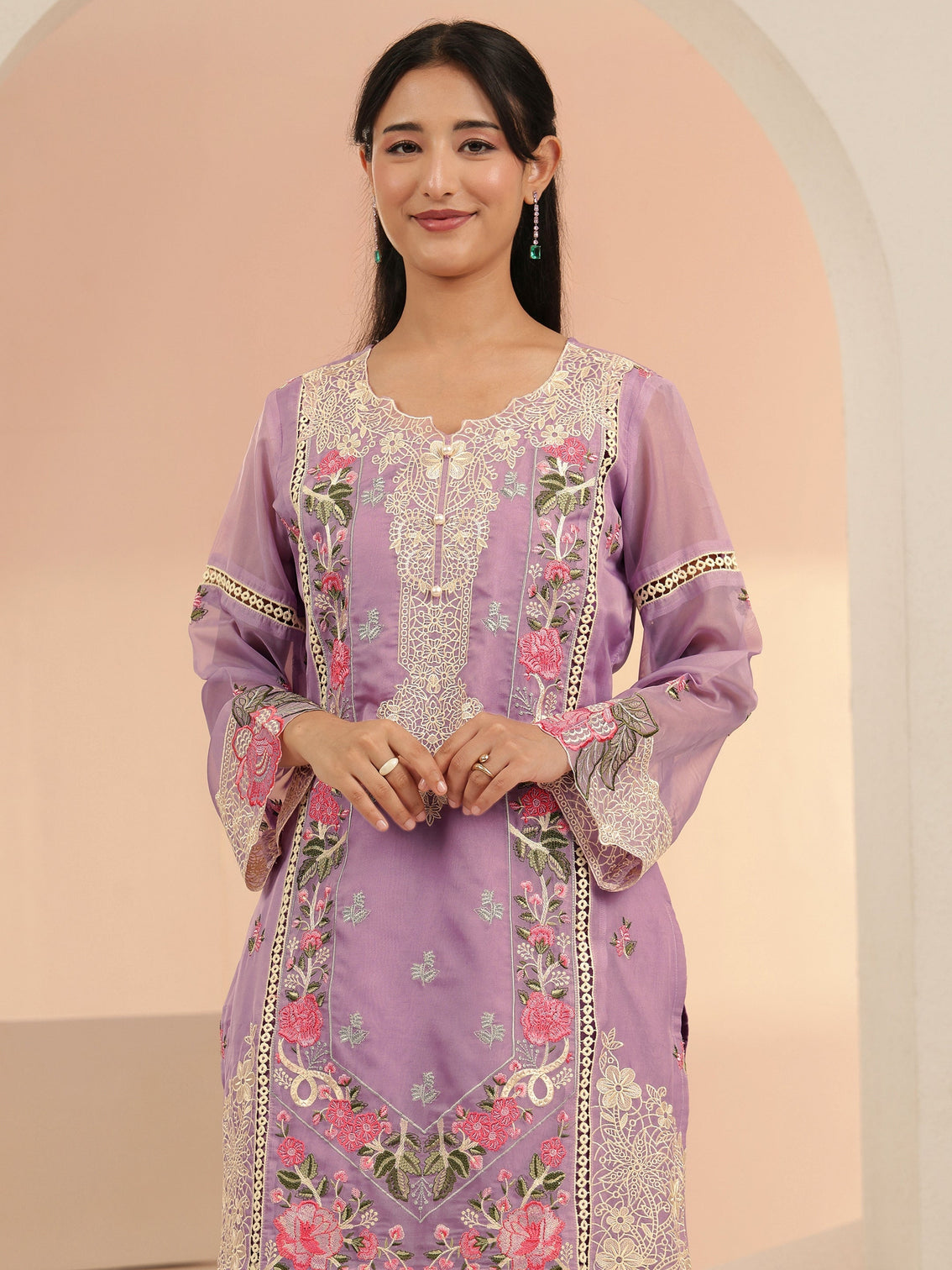 Mameraa Lavender Floral Embridered Organza Straight Suit Set