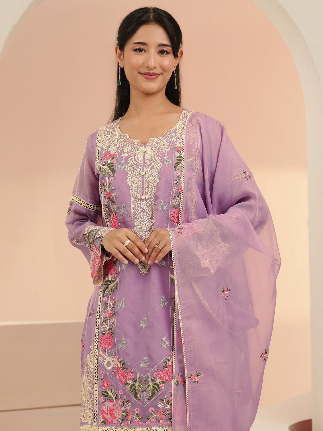 Mameraa Lavender Floral Embridered Organza Straight Suit Set