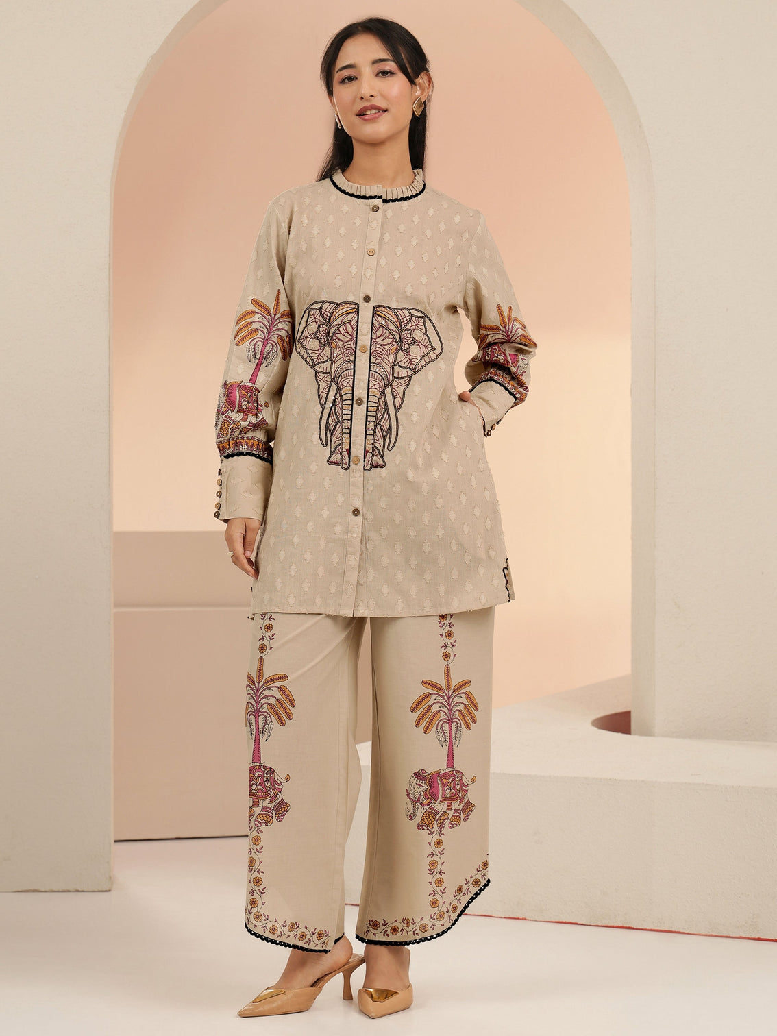 Mameraa Beige Tribal Woven Design Cotton Blend A-Line Co-Ord Set