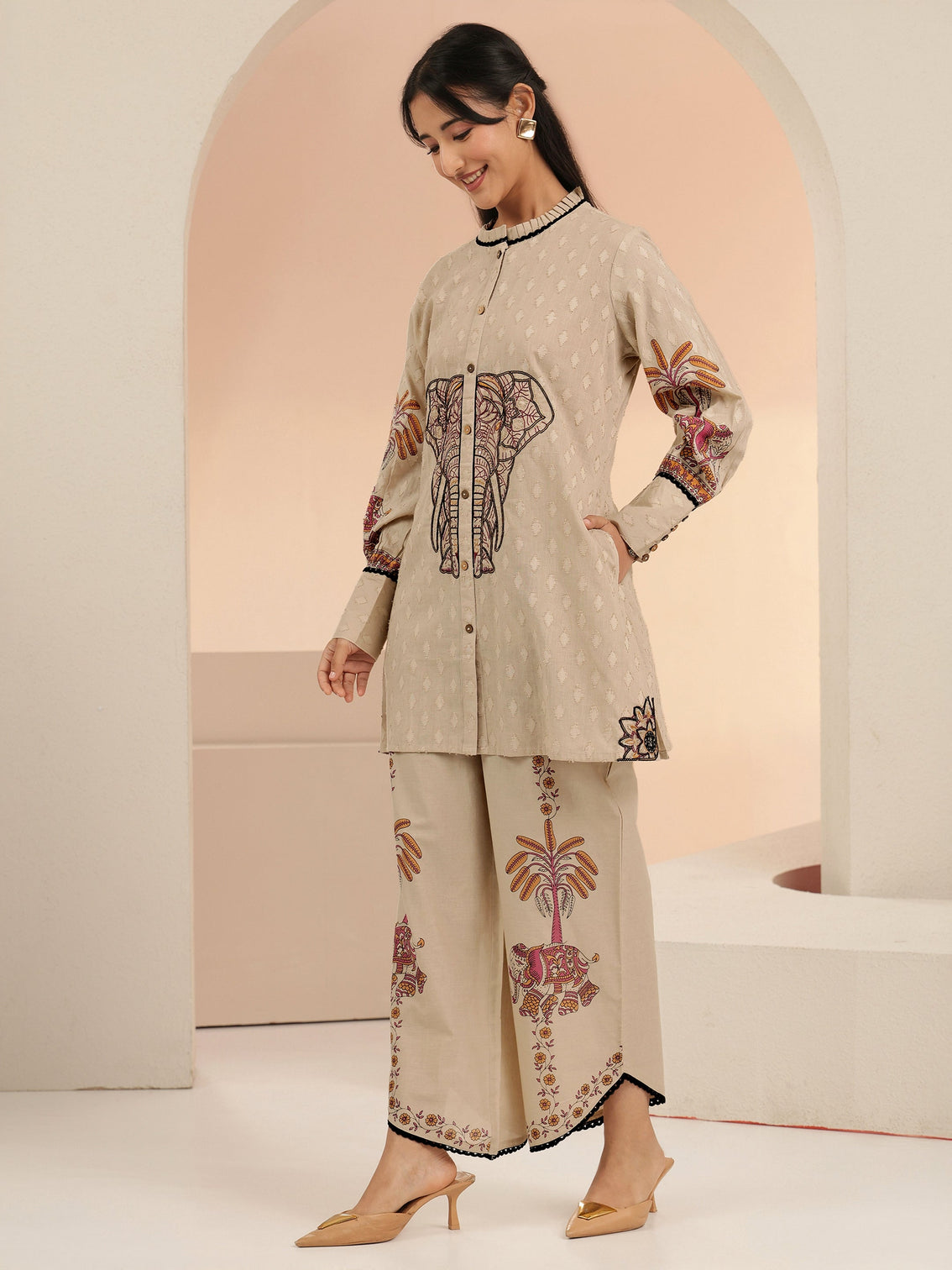 Mameraa Beige Tribal Woven Design Cotton Blend A-Line Co-Ord Set