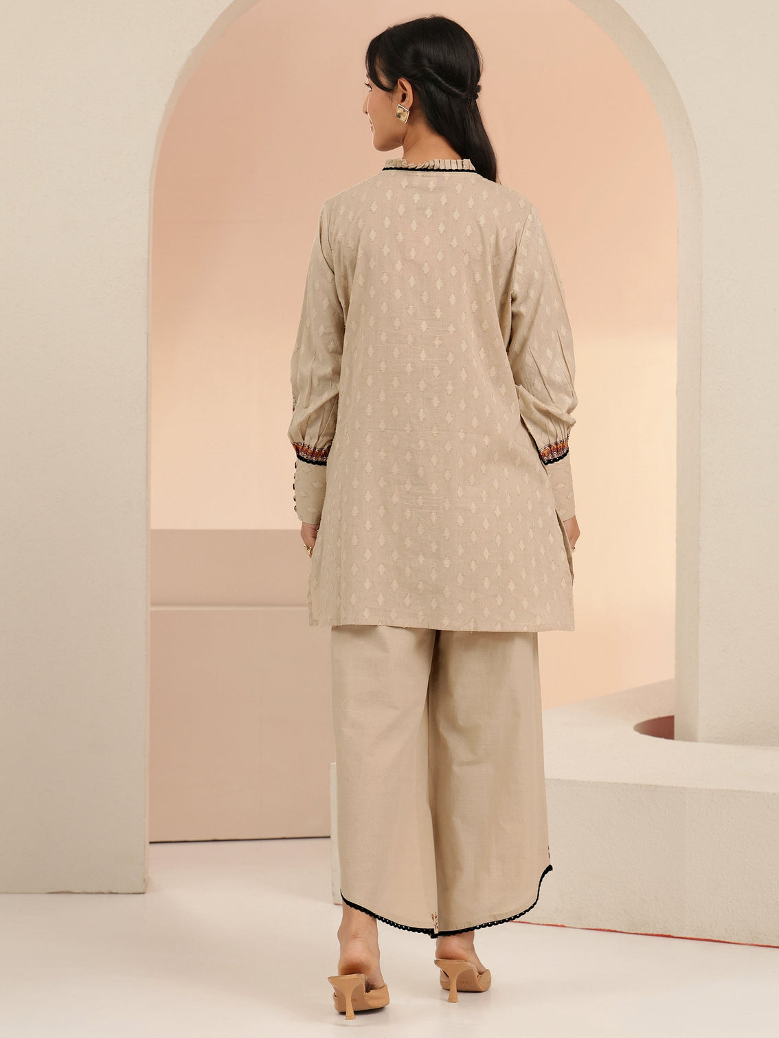 Mameraa Beige Tribal Woven Design Cotton Blend A-Line Co-Ord Set
