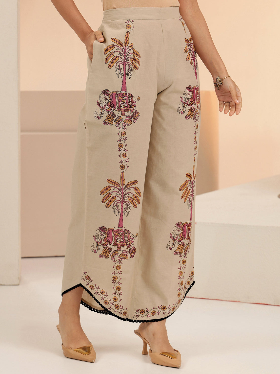 Mameraa Beige Tribal Woven Design Cotton Blend A-Line Co-Ord Set