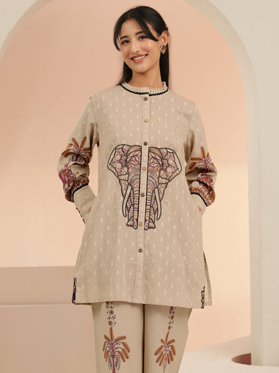 Mameraa Beige Tribal Woven Design Cotton Blend A-Line Co-Ord Set