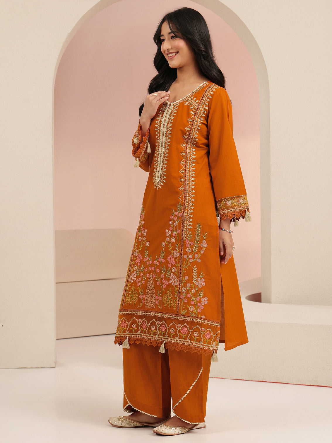 Mameraa Rust Orange Floral Embridered Cotton Straight Suit Set