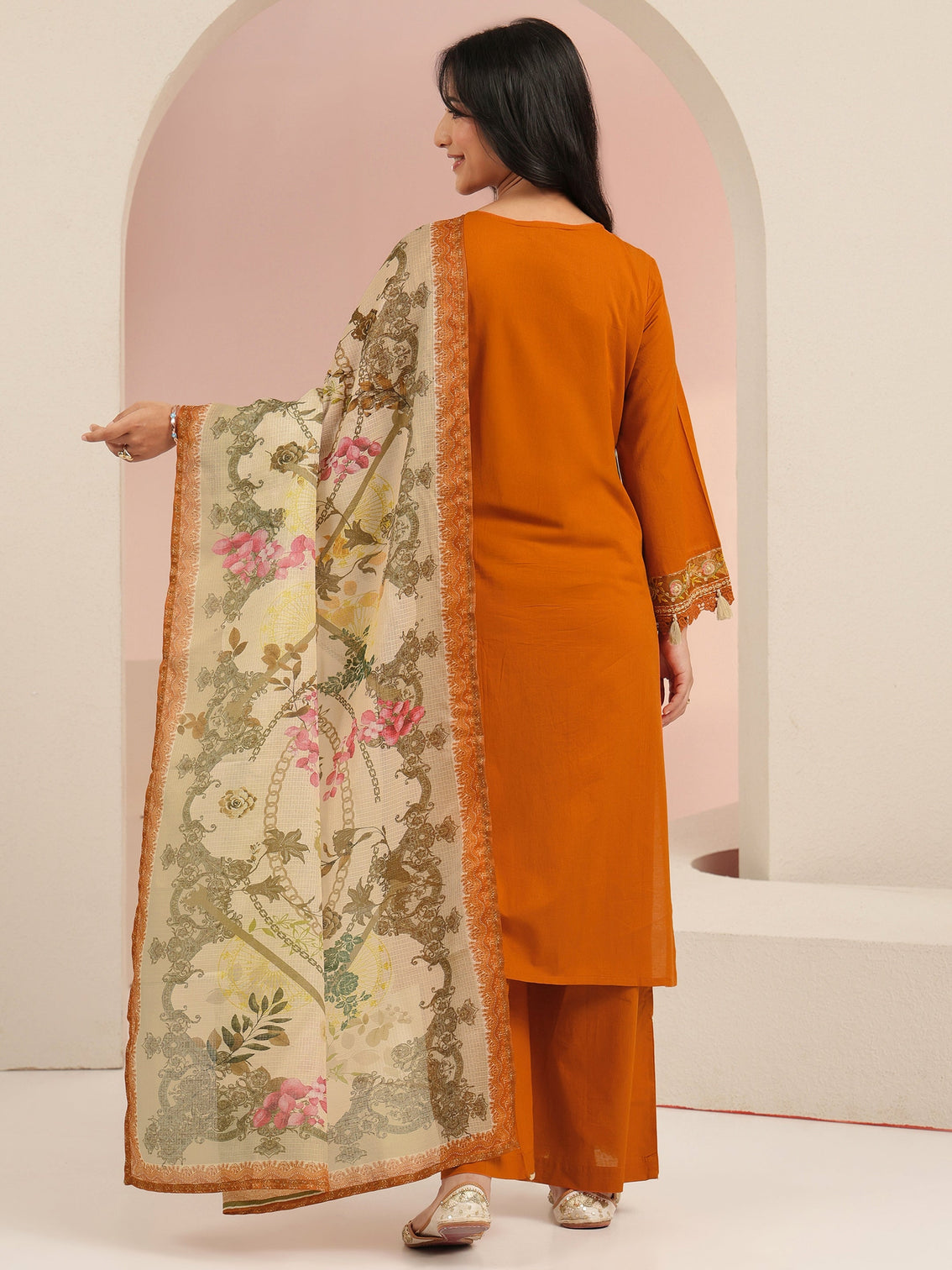 Mameraa Rust Orange Floral Embridered Cotton Straight Suit Set