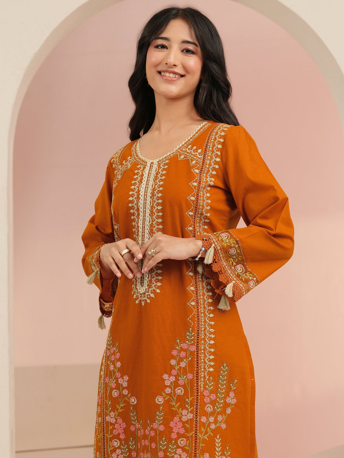 Mameraa Rust Orange Floral Embridered Cotton Straight Suit Set