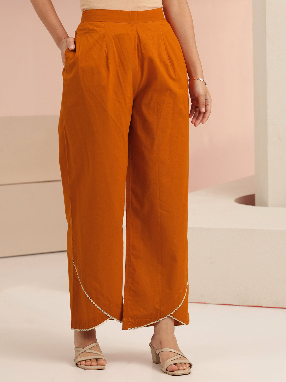 Mameraa Rust Orange Floral Embridered Cotton Straight Suit Set