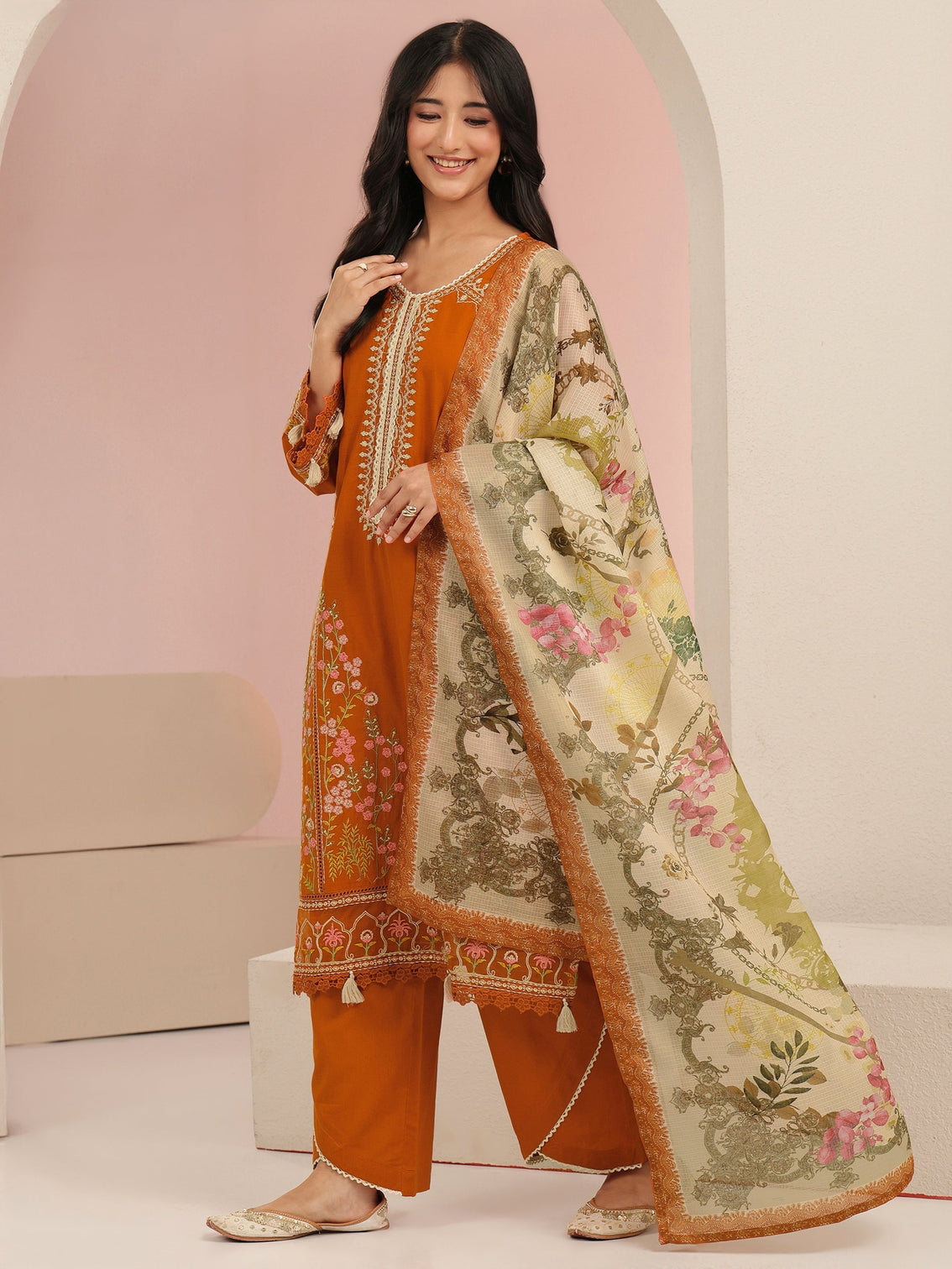 Mameraa Rust Orange Floral Embridered Cotton Straight Suit Set