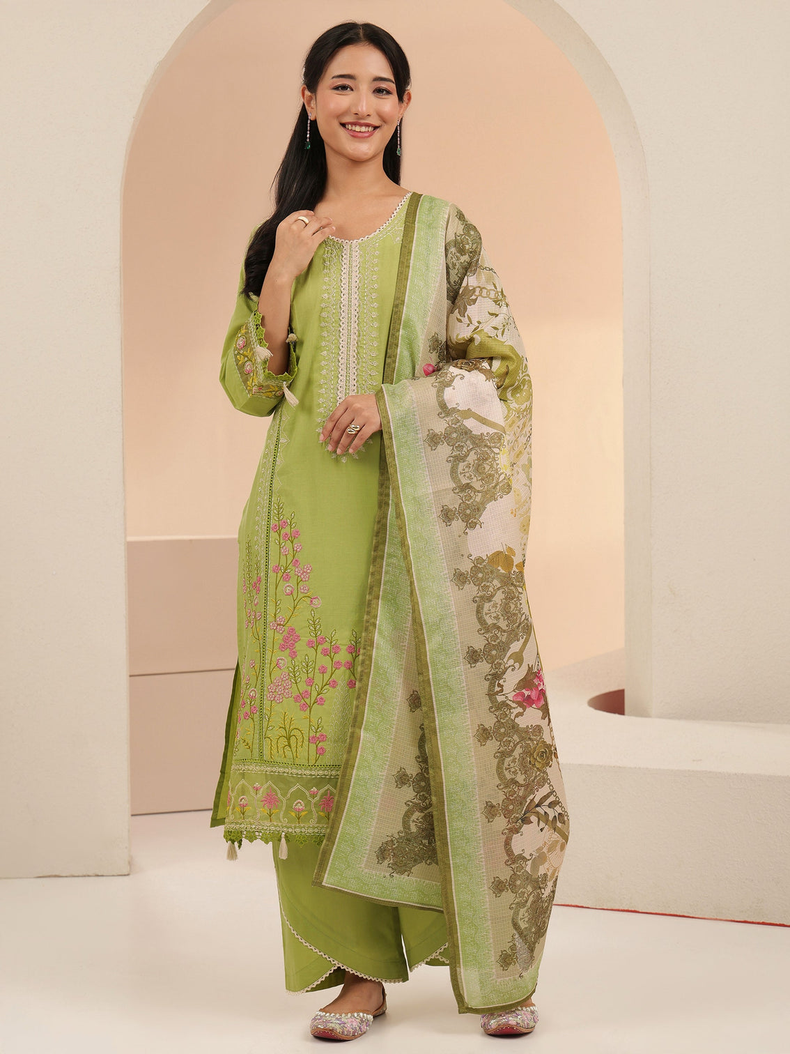 Mameraa Fern Green Floral Embridered Cotton Straight Suit Set