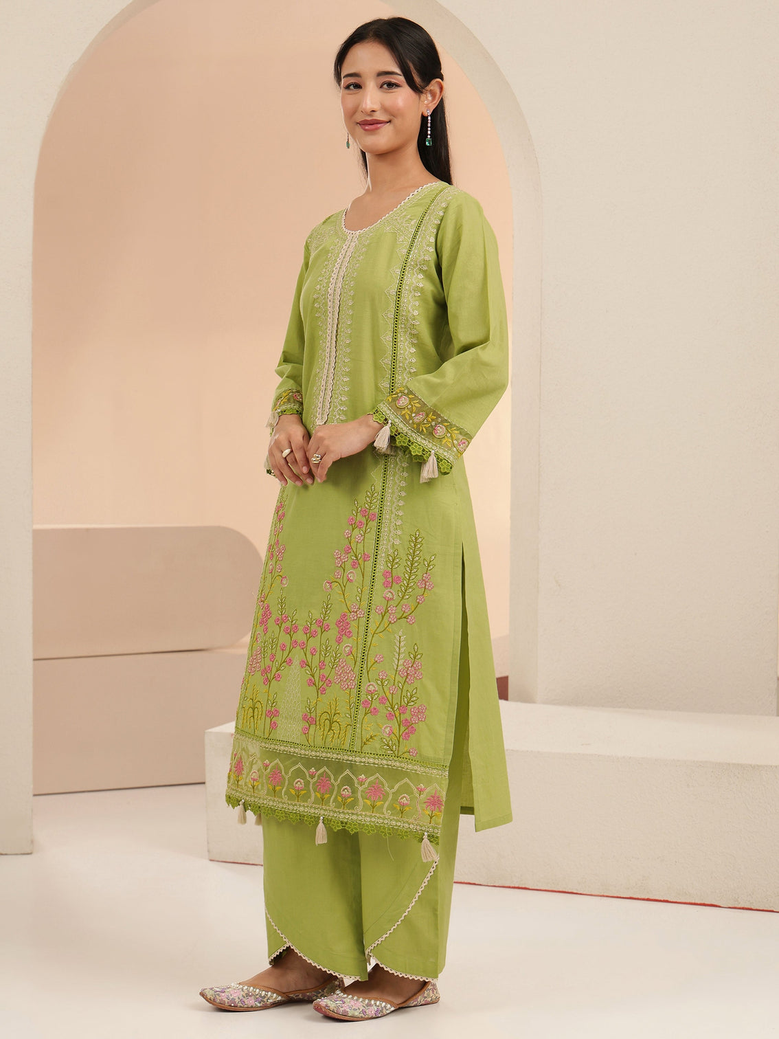 Mameraa Fern Green Floral Embridered Cotton Straight Suit Set