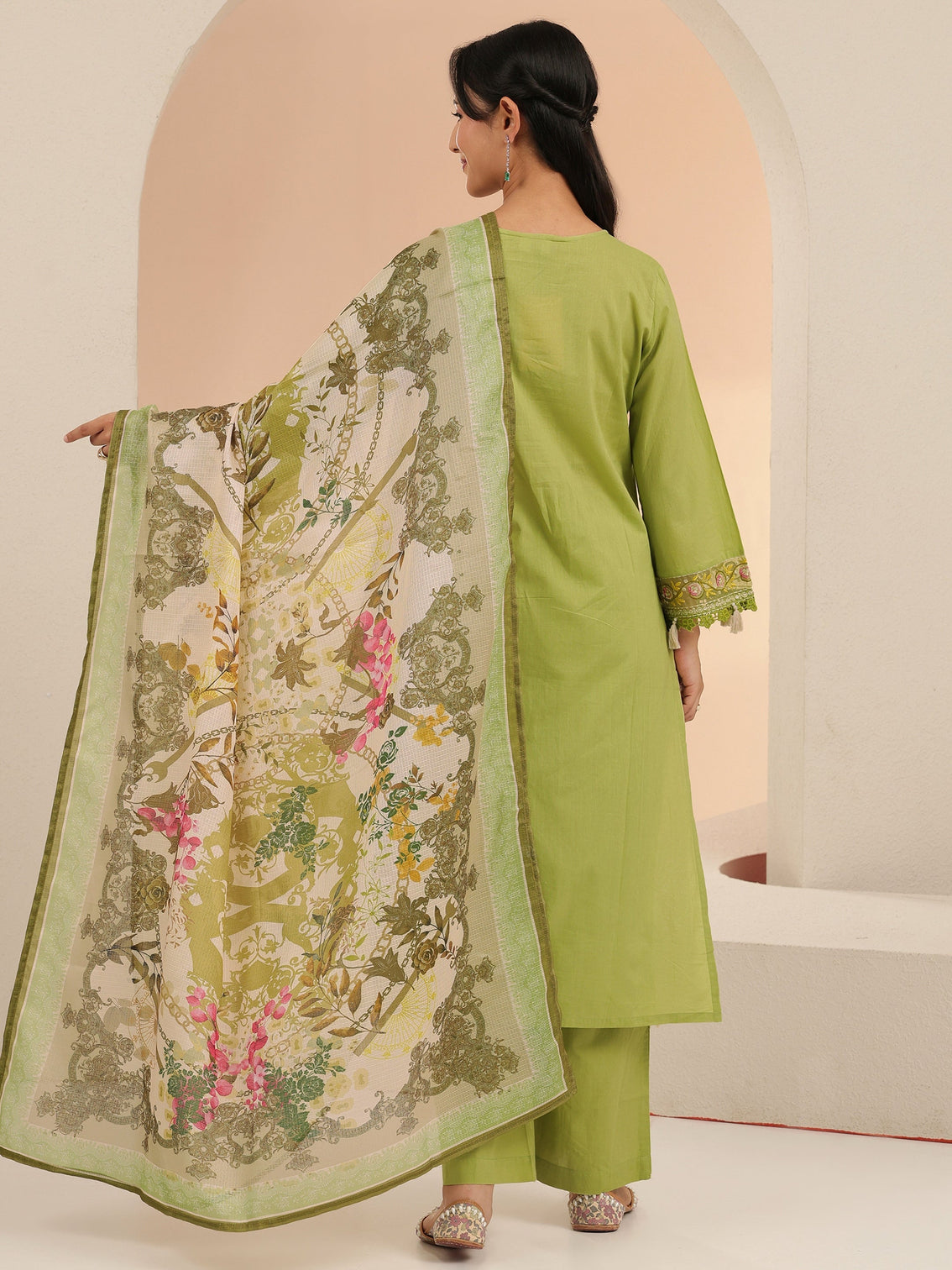 Mameraa Fern Green Floral Embridered Cotton Straight Suit Set