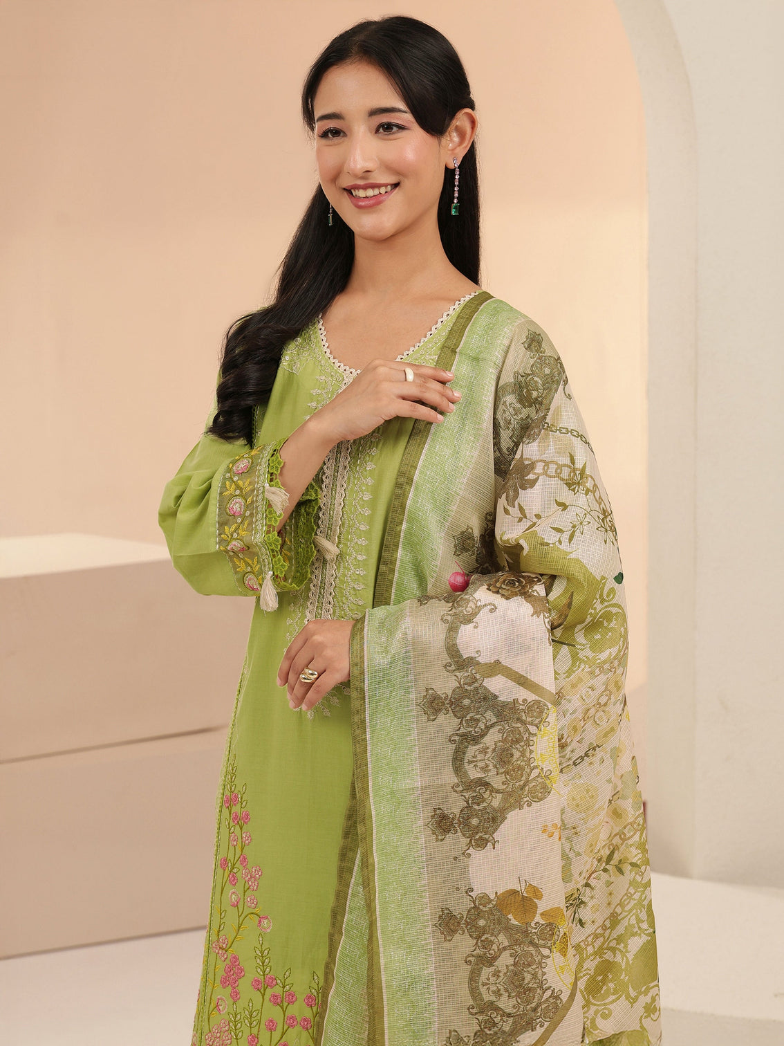 Mameraa Fern Green Floral Embridered Cotton Straight Suit Set